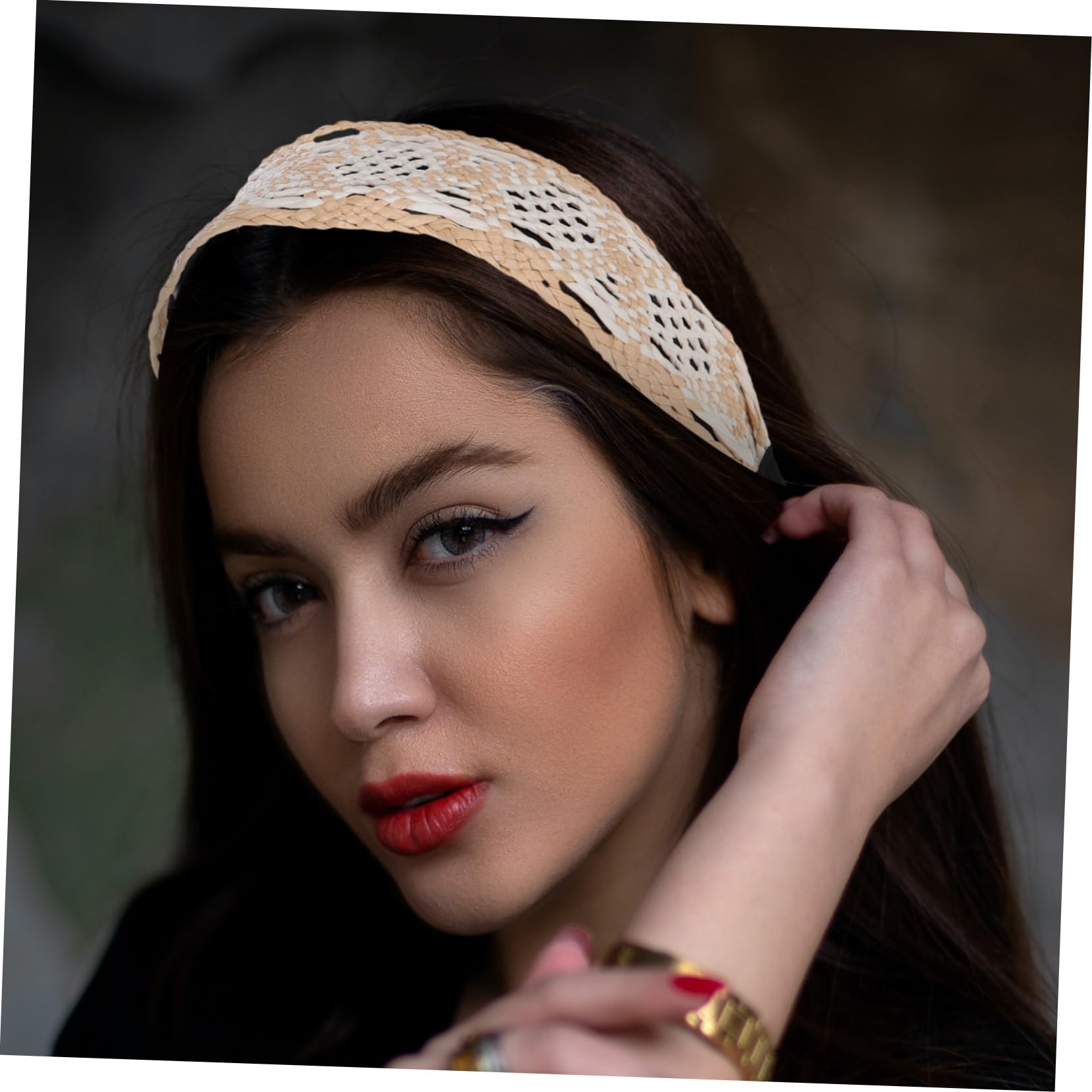 Bandeau Tissé Bohème Femme en Raphia Beige, Serrage-tête Large Vintage