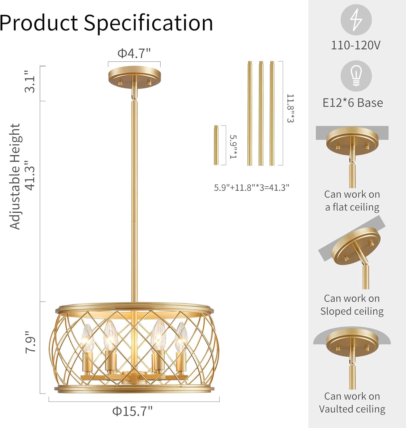 WUZUPS 6-Light Round Drum Chandelier Pendant Ceiling Lighting Rustic Farmhouse Fixture for Kitchen Island Dining Room Entry, H 7.9" x W 15.7", E12 Base, Gold