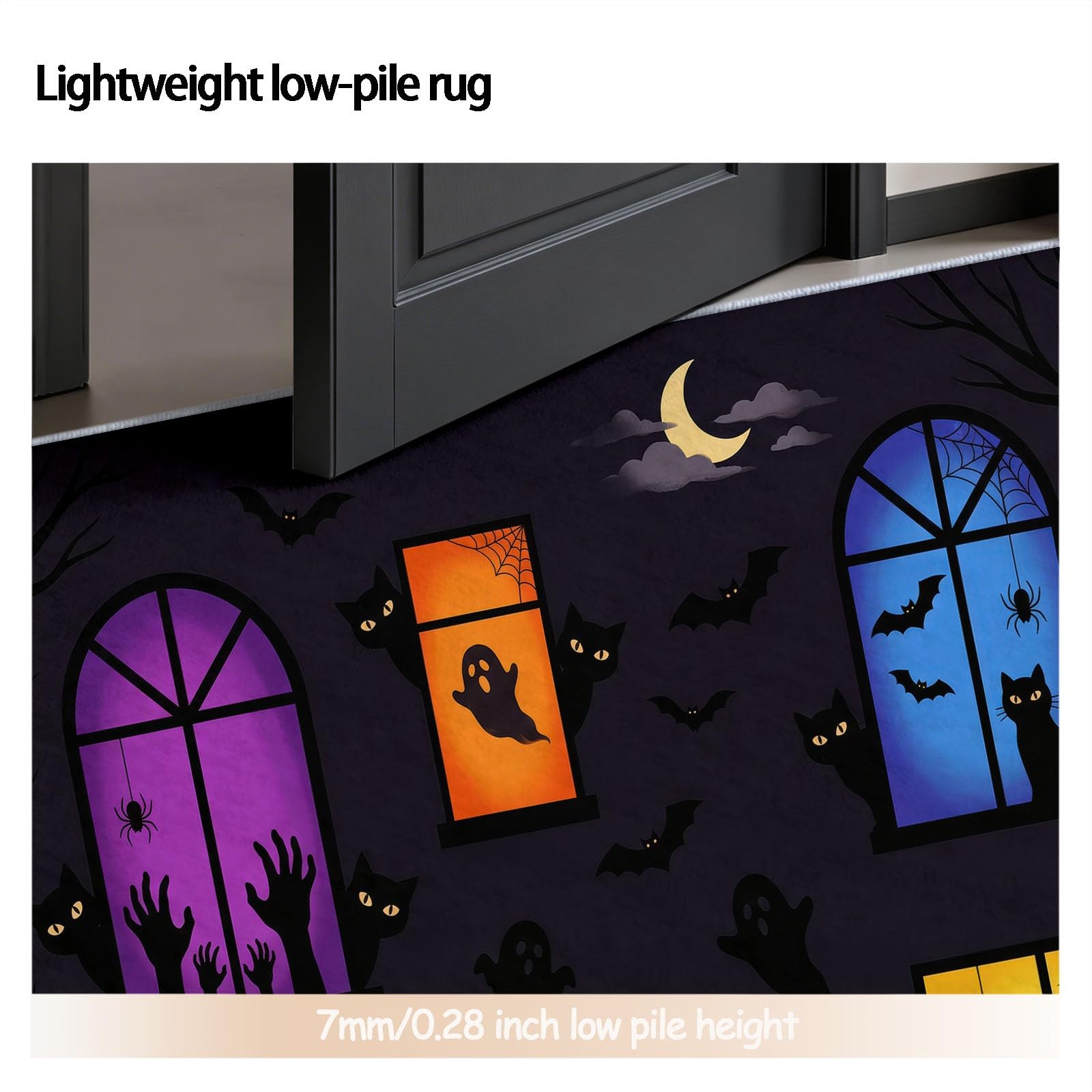 Generisch Spielteppich Kinderteppich Ultraweiche rutschfest Spielmatte Waschbar Halloween Tiere Kinderteppich für Mädchen Jungen, Halloween Schwarze Katze Mit Hexenhut, 200 cm Rund, Schwarz