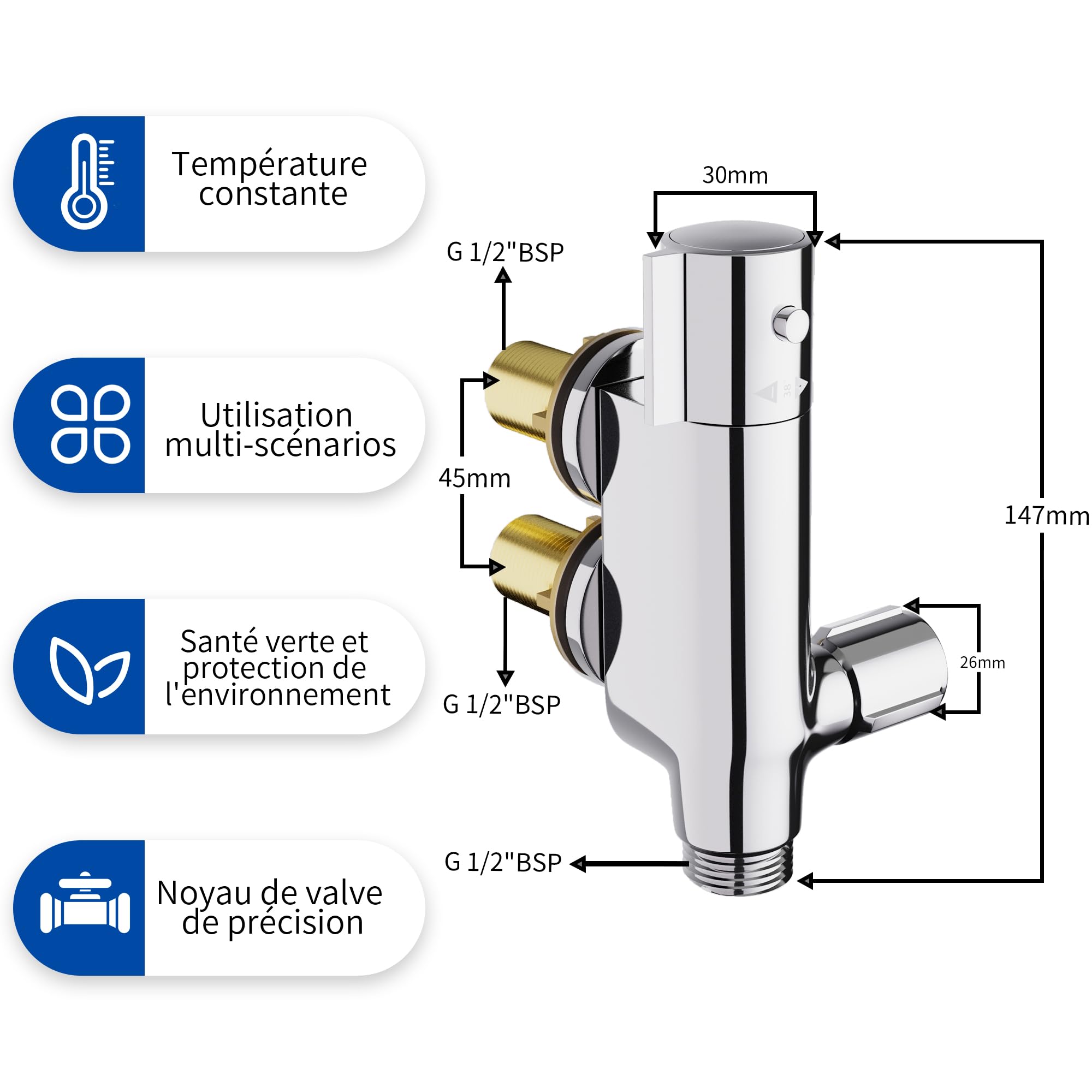 MORADO Barre de douche thermostatique,Barre de douche thermostatique pour caravane,Robinet mitigeur de douche thermostatique,Mini mitigeur de douche verticale,pour caravane,Yacht,Chrome