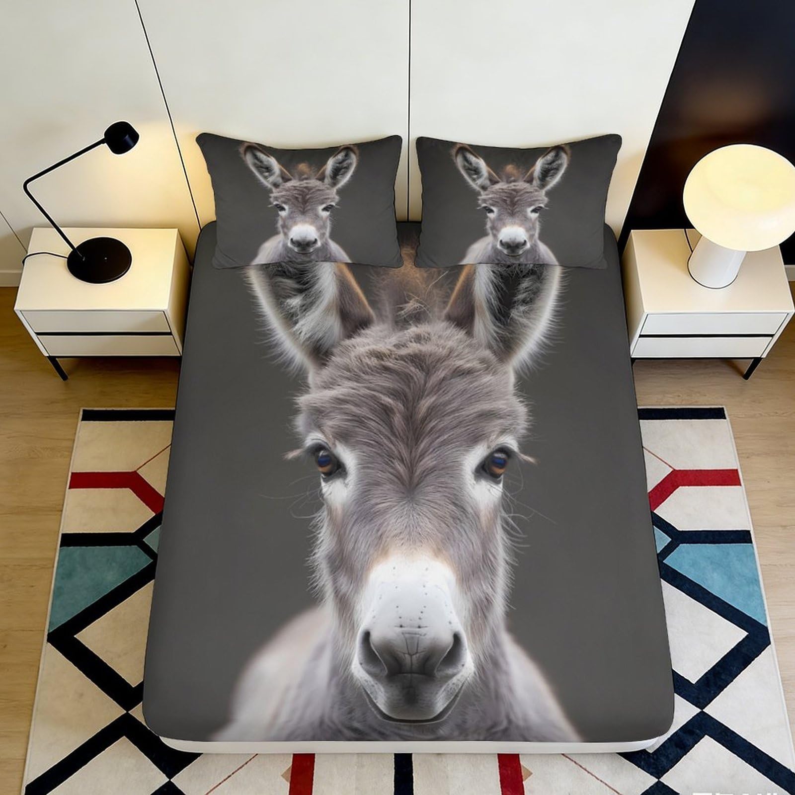 3D Printed Donkey Portrait Fitted Sheet Microfiber Soft Grey Animal Mattress Cover for Bedroom Dorm Mattress Protection Decor 90x200x25cm