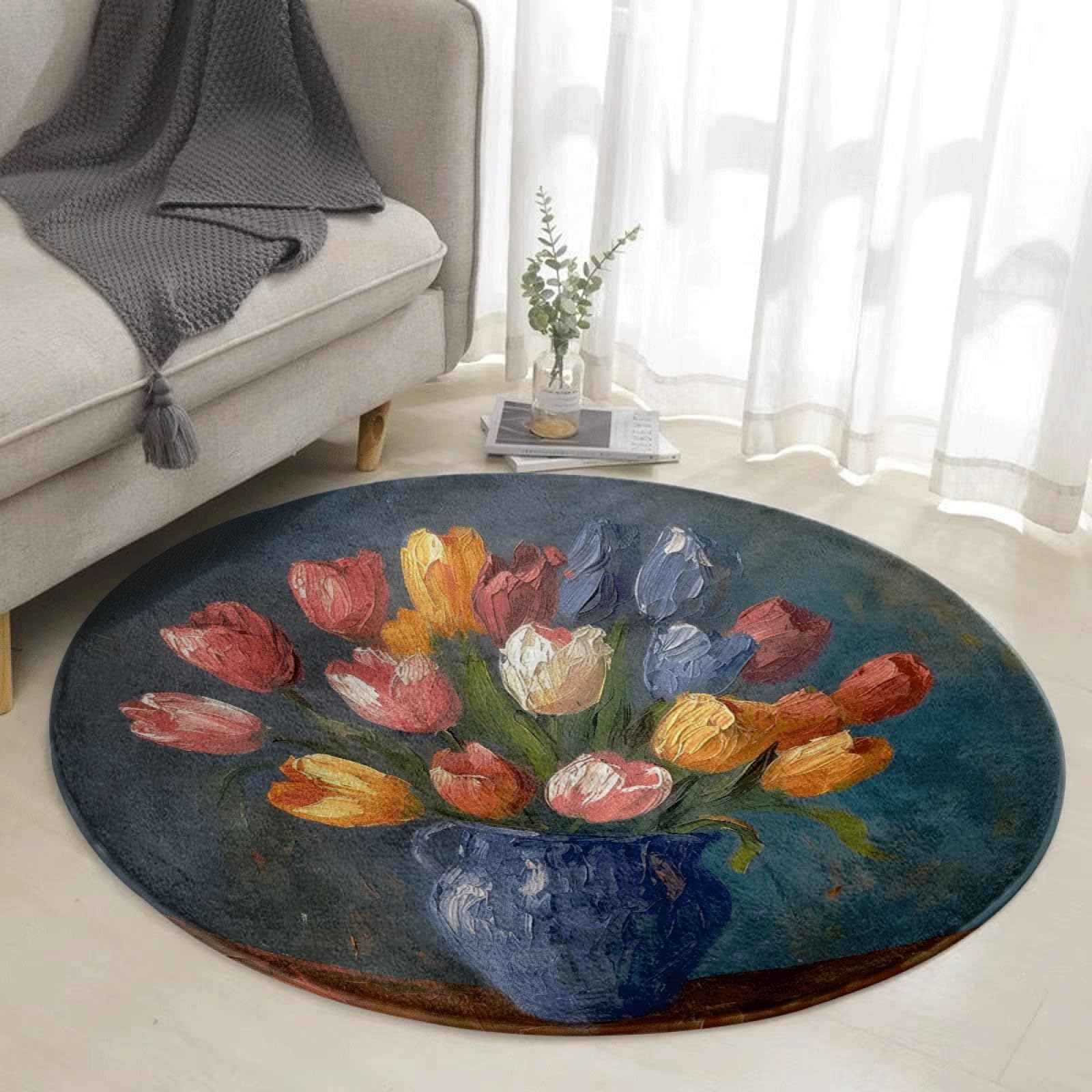 Tapis salon peinture à l'huile bleu lavable antidérapant rond