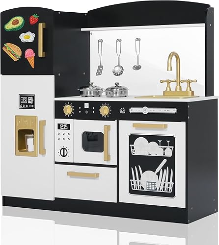 Vista 7 de Juego de cocina de simulación para niños, juego interactivo de madera con diseño realista, fregadero, microondas, máquina de hielo, lavavajillas