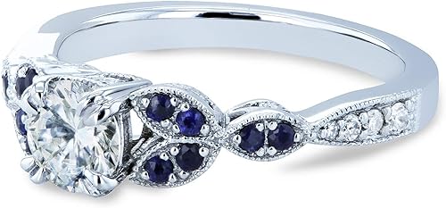 Miniatura 5 de Kobelli Anillo de compromiso redondo de moissanita con detalles de zafiro azul y hojas de oro blanco de 14 quilates GHVS GHI