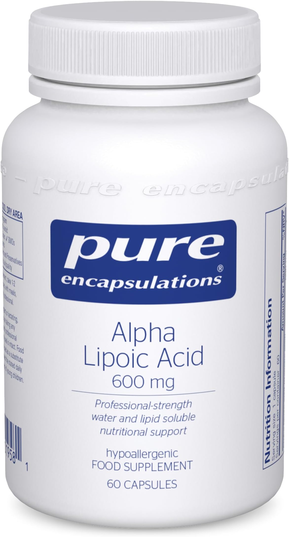 Pure Encapsulations - Alpha Lipoic Acid ALA 600mg - Hypoallergenic Water and Lipid Soluble Nutritional Supplement - 60 Vegetarian Capsules
