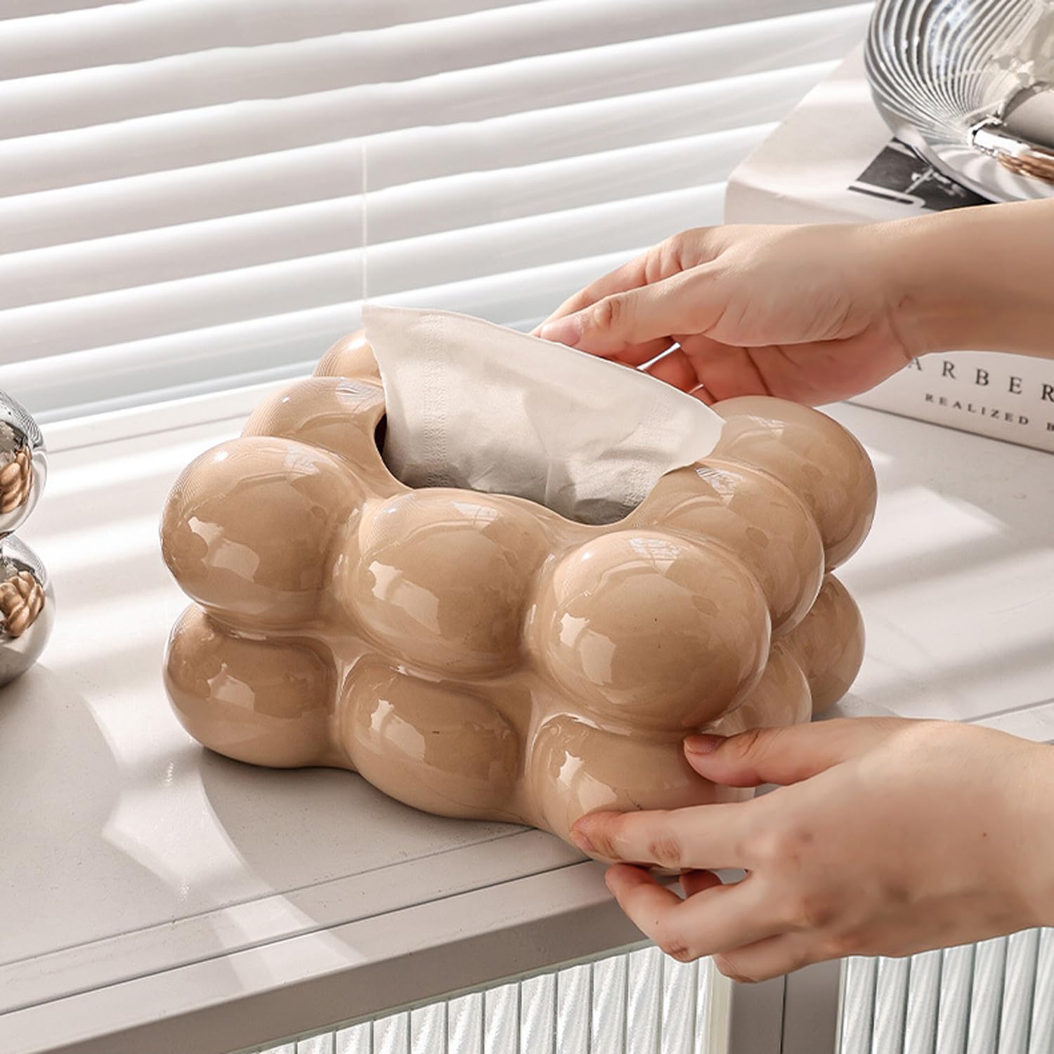 HYTTER Ceramic Designer Decorative Tissue Box - Luxury Container, Glazed, Anti-slip, High Strength, Weighted, Bling, 153×195MM Napkin Cover (Pink)