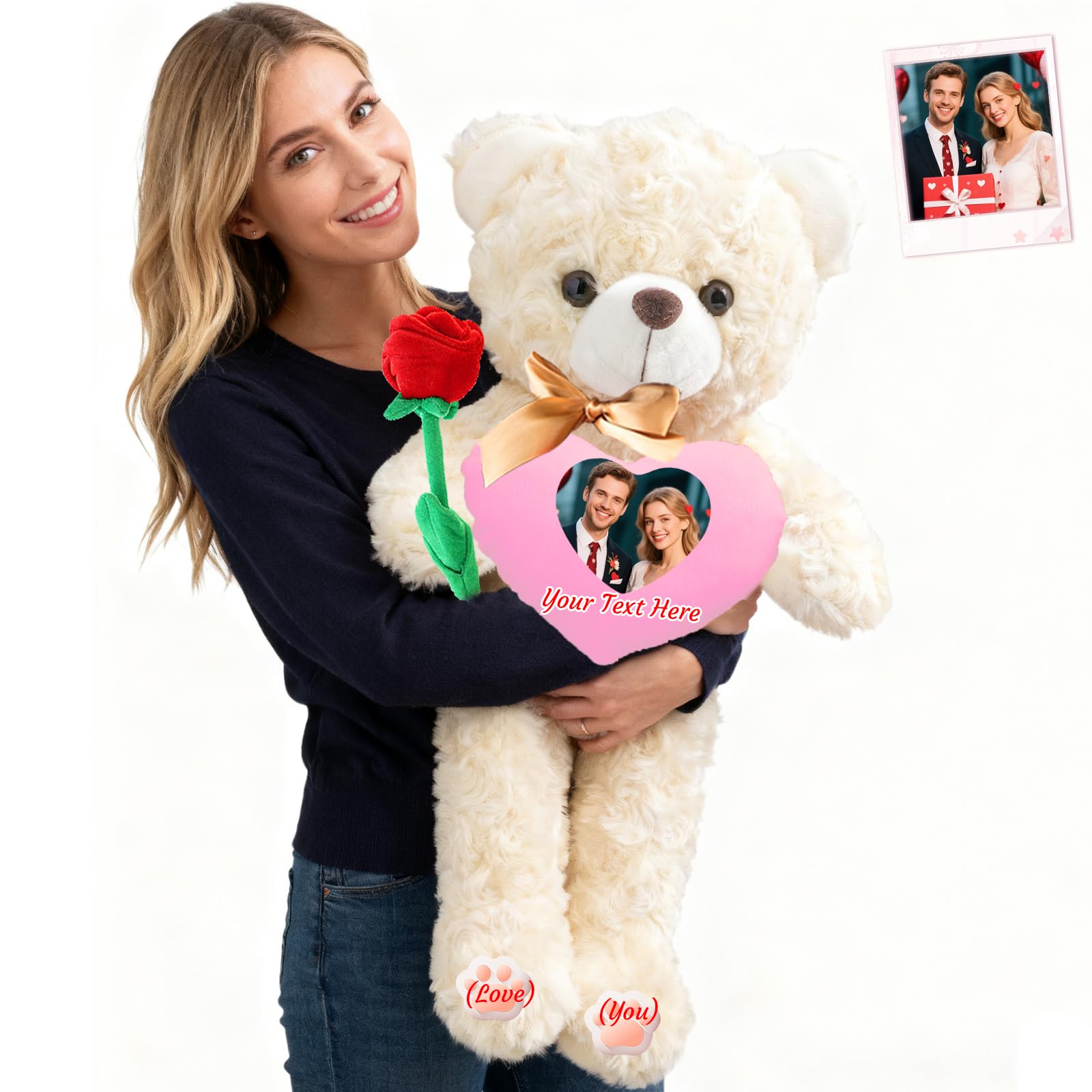 Personalisierter Großer Teddybär Mit Herz 60 cm Bis 100 cm, Big Teddy Bear Individuell Mit Text Und Foto Als Riesiges Plüschtier Geschenk Für Valentinstag Weihnachten Geburtstag