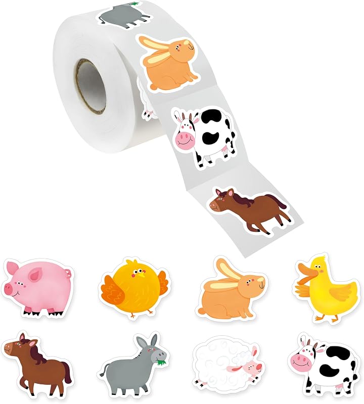 600 PCS Farm Animal Stickers, 8 Designs Adorable Animal, Water/Tear/Oil Resistant with No Residue, Reward Incentive Stickers for Teacher, Classroom & School, Party Supplies, DIY Project Decoration