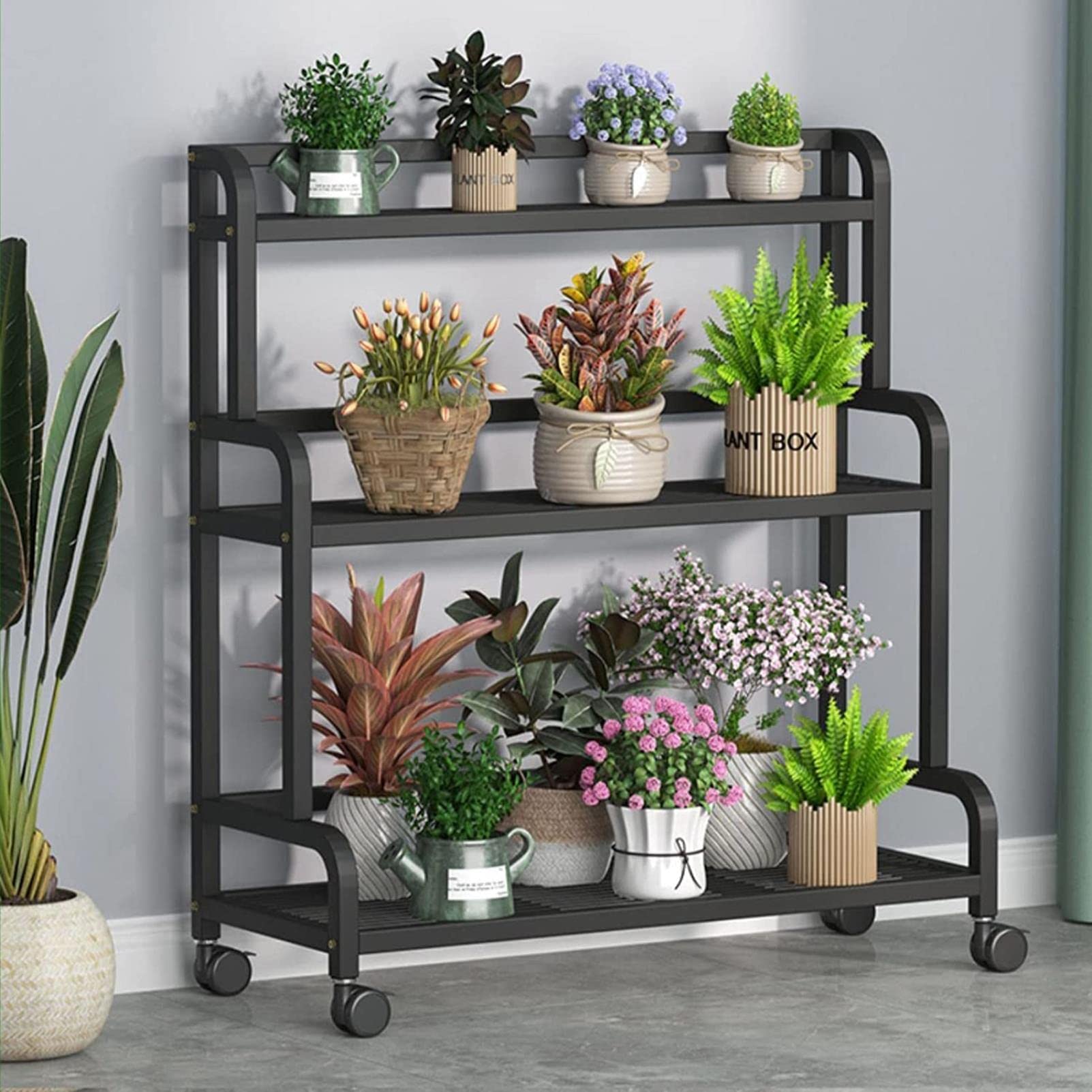 Étagère à plantes design en fer noir mat, support de fleurs haut de gamme