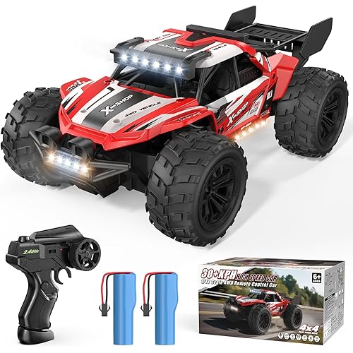 Scientoy Remote Control Car, 30+KPH High Speed 4WD RC Cars, 2.4GHz Monster Truck Toys for Boys Age 6-8-12, 1:18 RC Truck with 2 Rechargeable Batteries & LED Lights, Birthday Gifts for Adults Kids