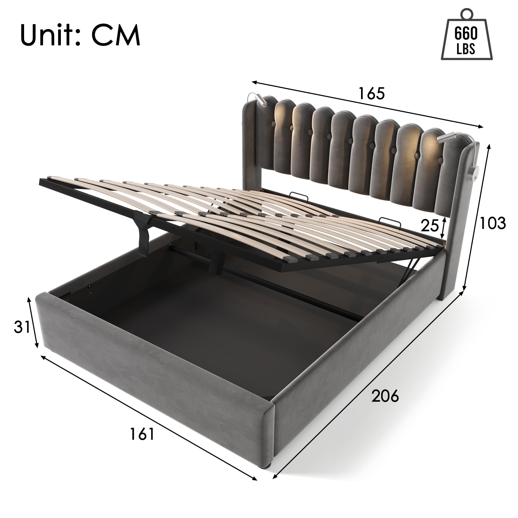Letto imbottito luce di lettura con funzione di ricarica testiera letto matrimoniale per adulti letti contenitore box con rete a doghe familiare bed per ospiti grigio con materasso 160x200 cm