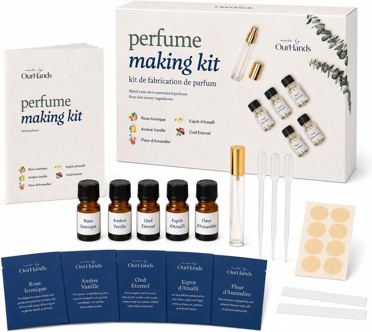 Perfume Making Kit by OurHands – Create Your Own Signature Perfume with 5 Premium Fragrance Oils, Perfumer’s Alcohol and Reusable Glass Atomiser