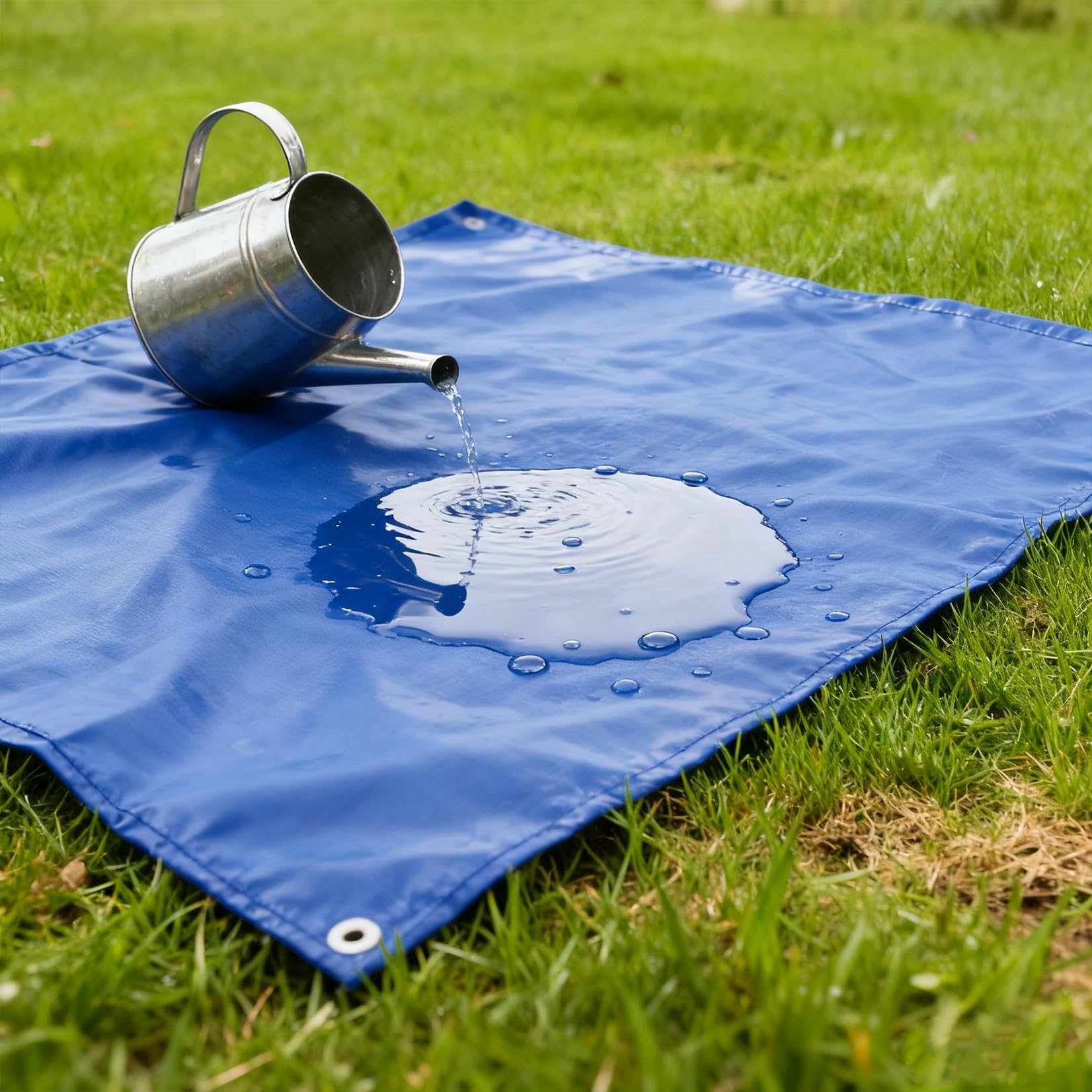 Lona impermeable azul para evitar filtraciones y roturas por viento en el patio