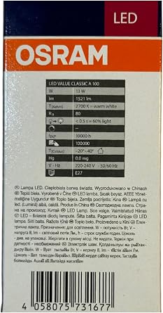 Osram LED Ampul, E27 Duy, 13W (100W), 2700K Sarı Işık, Enerji Tasarruflu, 2 Adet