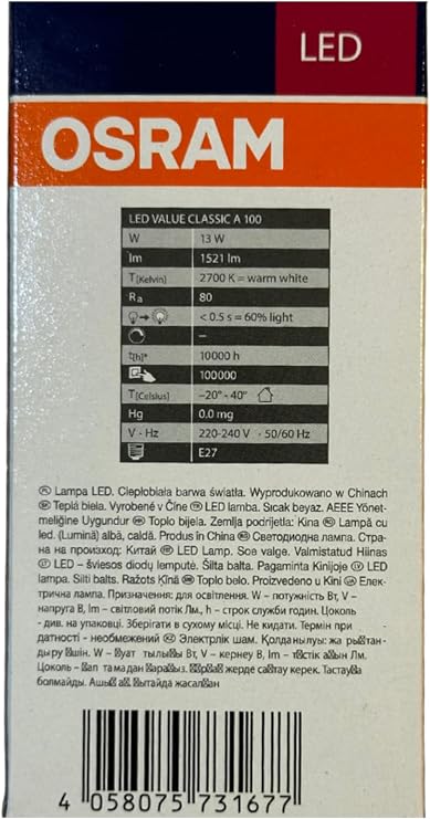 Osram LED Ampul, E27 Duy, 13W (100W), 2700K Sarı Işık, Enerji Tasarruflu, 2 Adet