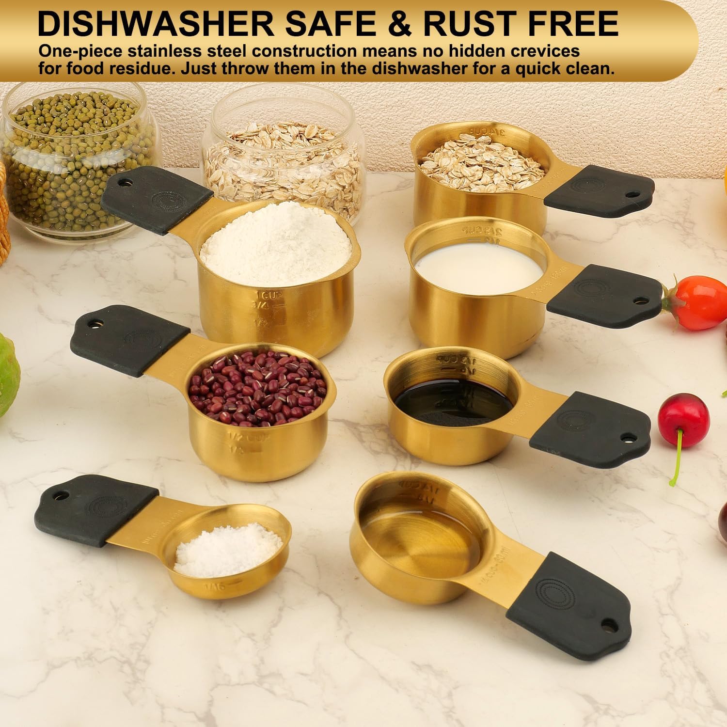 Gold Magnetic Measuring Cups & Spoons Set of 16, 7 Stainless Steel Measuring Cups, 8 Double-Sided Measuring Spoons & 1 Leveler, Premium Finish Baking Tools Kitchen Gadget for Dry & Liquid Ingredients