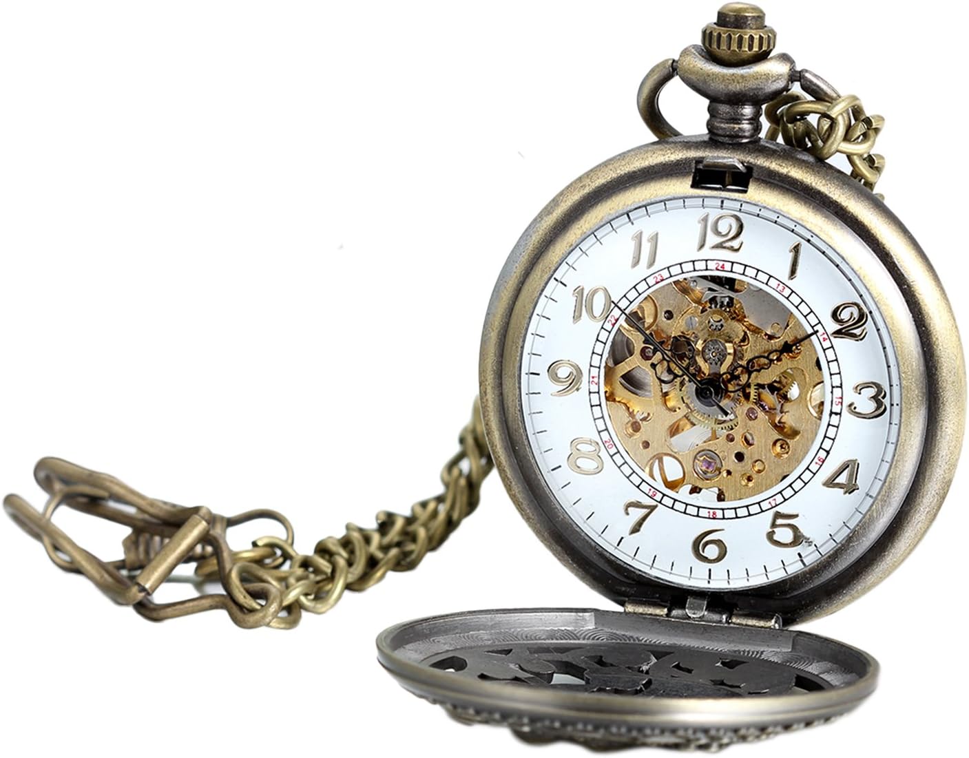 Avaner Steampunk Retro Half Hunter Copper Gear Skeleton Hand Wind Mechanical Roman/Arabic Numeral Analog Display Pocket Watch with 14" Chain