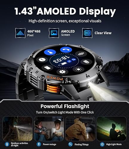 Miniatura 3 de Reloj inteligente militar para hombre con linterna/5 ATM resistente al agua, reloj inteligente táctico AMOLED de 1.43 pulgadas con batería de 500