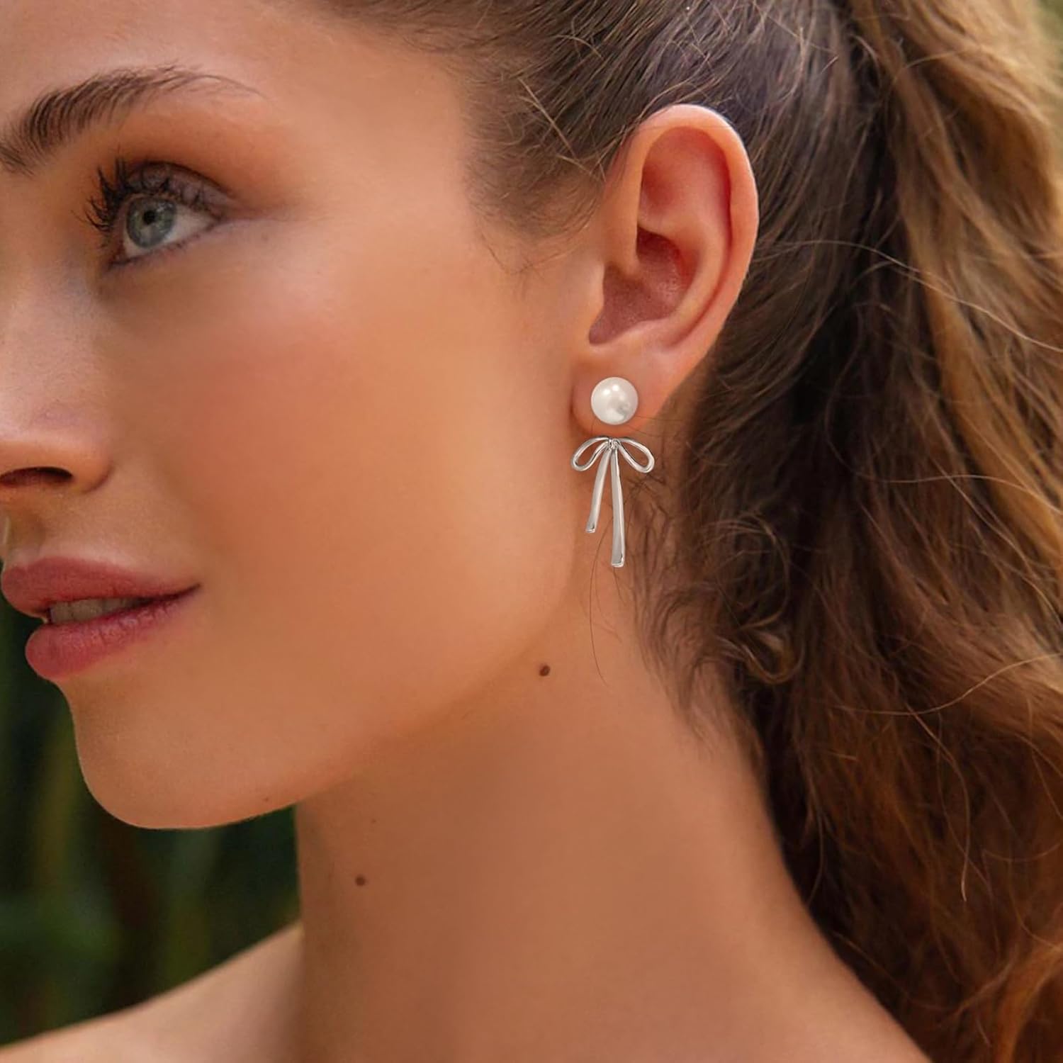 Small Gold Silver Pearl Bow Earrings for Women Trendy 925 Sterling Silver Post Dainty 14k Gold Plated Bow Dangle Earrings for Women - Image 4