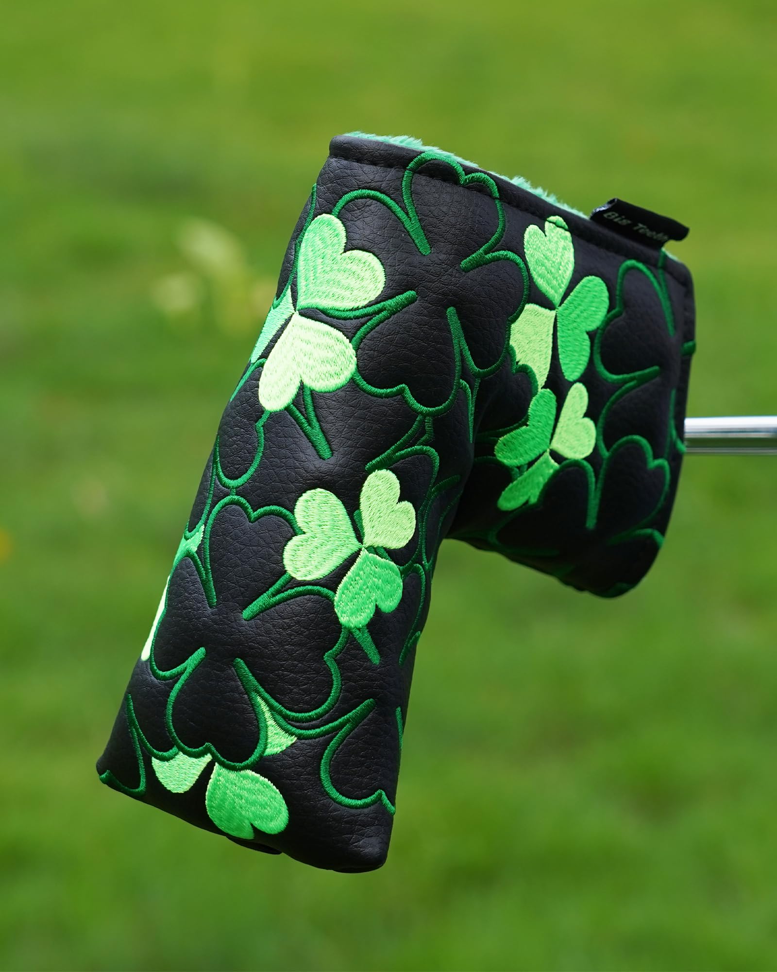 Golf Blade Ping-type Putter Head Cover Magnetic Closure Club Protector Black PU Leather Lucky Green Clover Embroidery