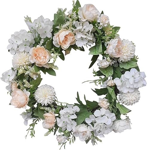 Corona de flores de peonía de 15.7 pulgadas, corona artificial blanca de Dalihua con hojas falsas, base de vid natural, guirnalda de vegetación