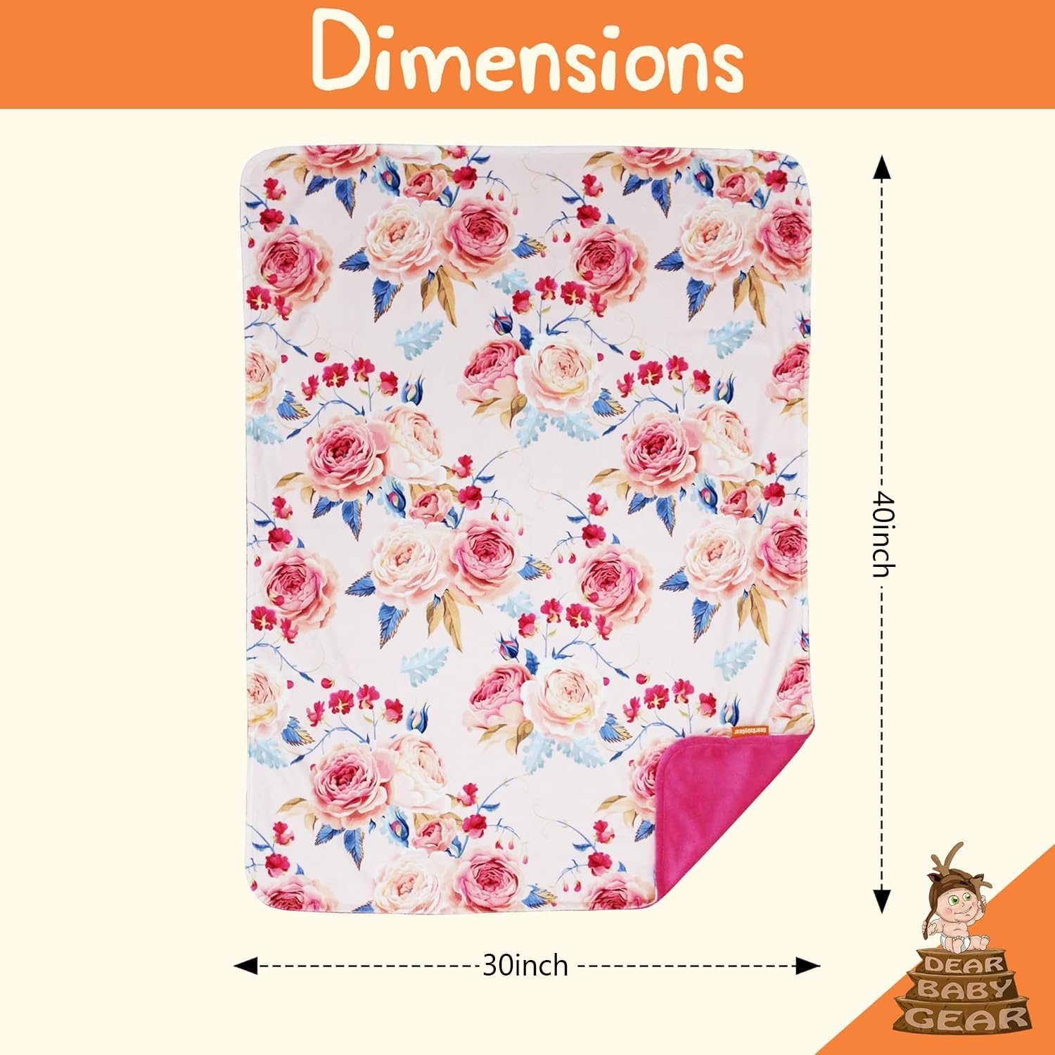 Dear Baby Gear Floral Deluxe Baby Blanket - Reversible, Milestone & Newborn Gifts for Girls and Boys - Vintage Roses with Blue Accents, Hot Pink, 40 x 30 Inches