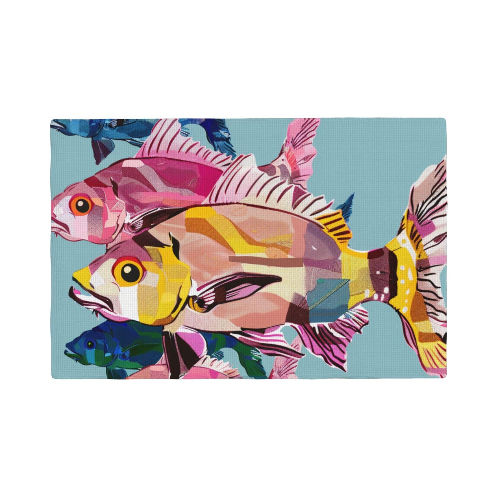 Colorful Fish Cartoon Print Placemats Set, Heat Resistant Washable Placemat 12x18in Table Mats for Party Kitchen Dining Table Decoration Indoor Outdoor, Four Pieces
