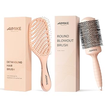 AIMIKE Round Brush & Vented Detangling Brush, Round Hair Brush for Blow Drying & Styling, Maximum Volume and Shine, Detangling Hair Brush for Wet & Dry Hair