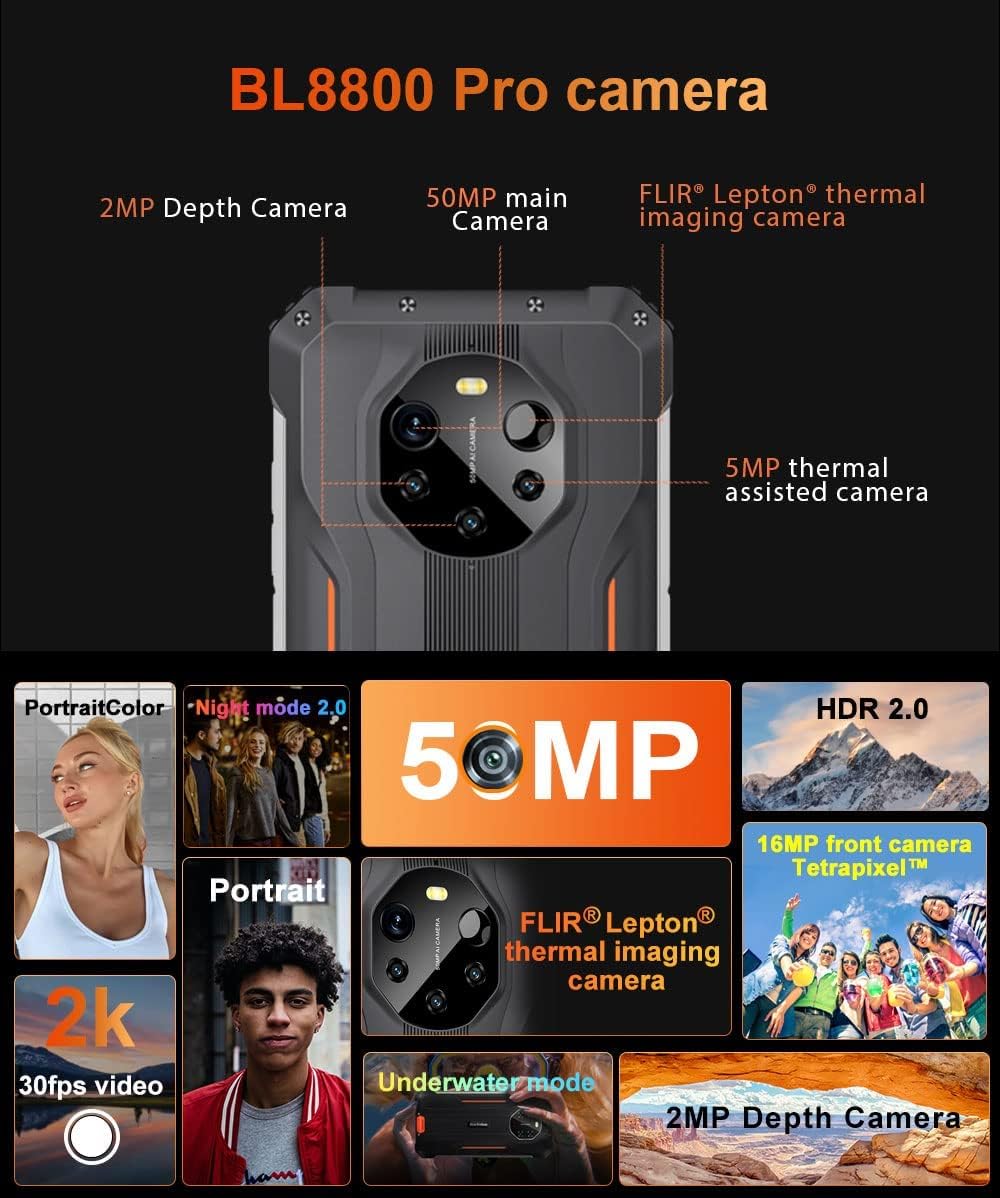 Blackview 5G Termocamera Smartphone Rugged BL8800 PRO, 50MP Fotocamera Quadruple, Dimensione 700 8GB+128GB, 6,58’’ FHD+, 8380mAh Batteria Ricarica Rapida 33W, Telefono Robusto IP68 NFC GPS OTG Nero - Immagine 3