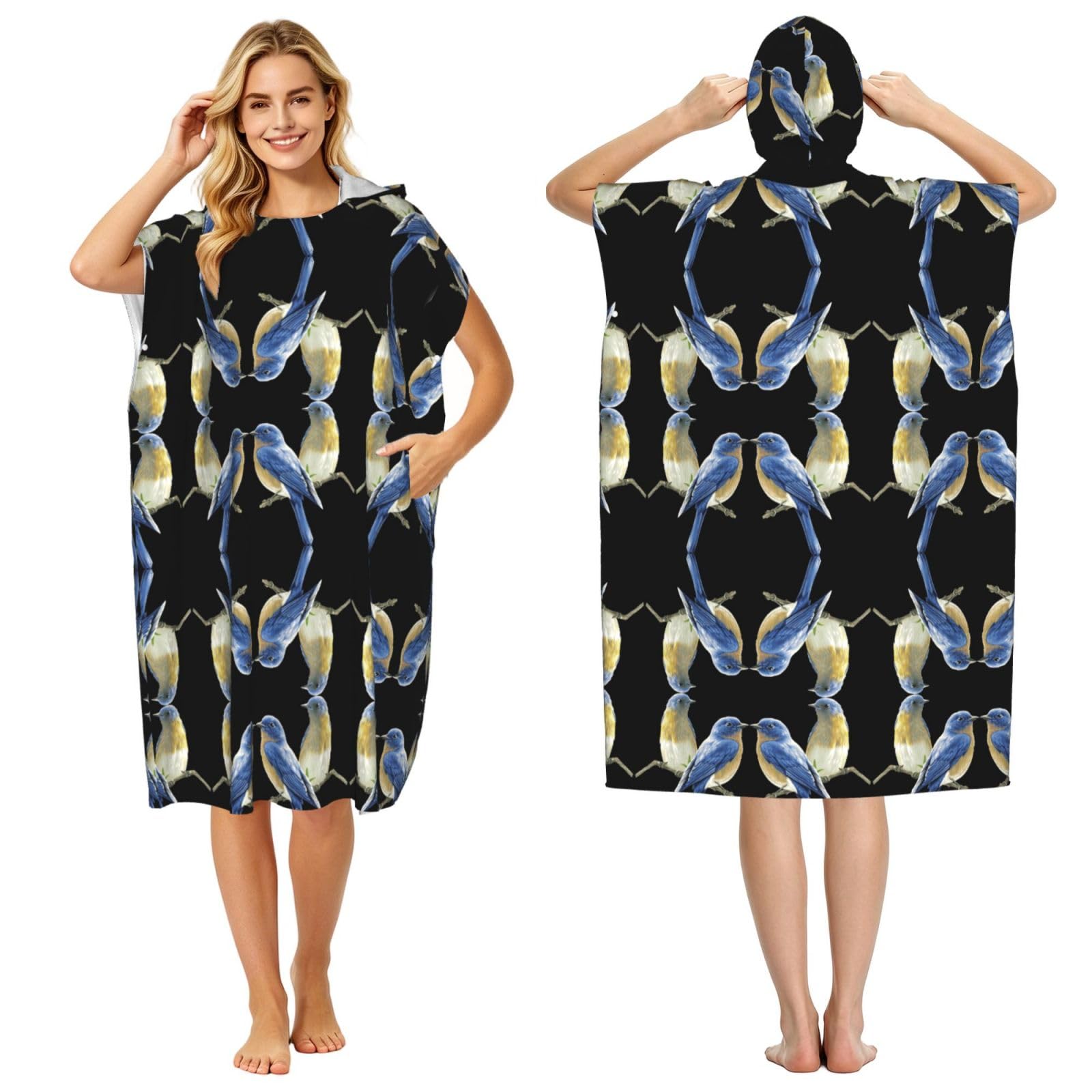 Poncho surf adulte microfibre avec capuche imprimé oiseaux et bain