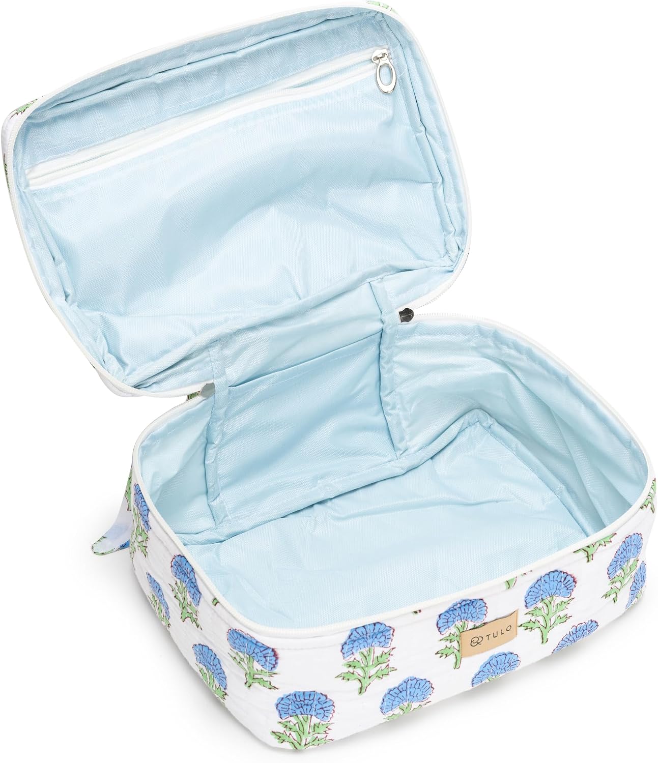 Blockprint Travel Makeup Bag – Large Capacity Waterproof Cosmetic Organizer Pouch with Handle, Boho Stylish Toiletry Bag for Women (Blue Thistle)