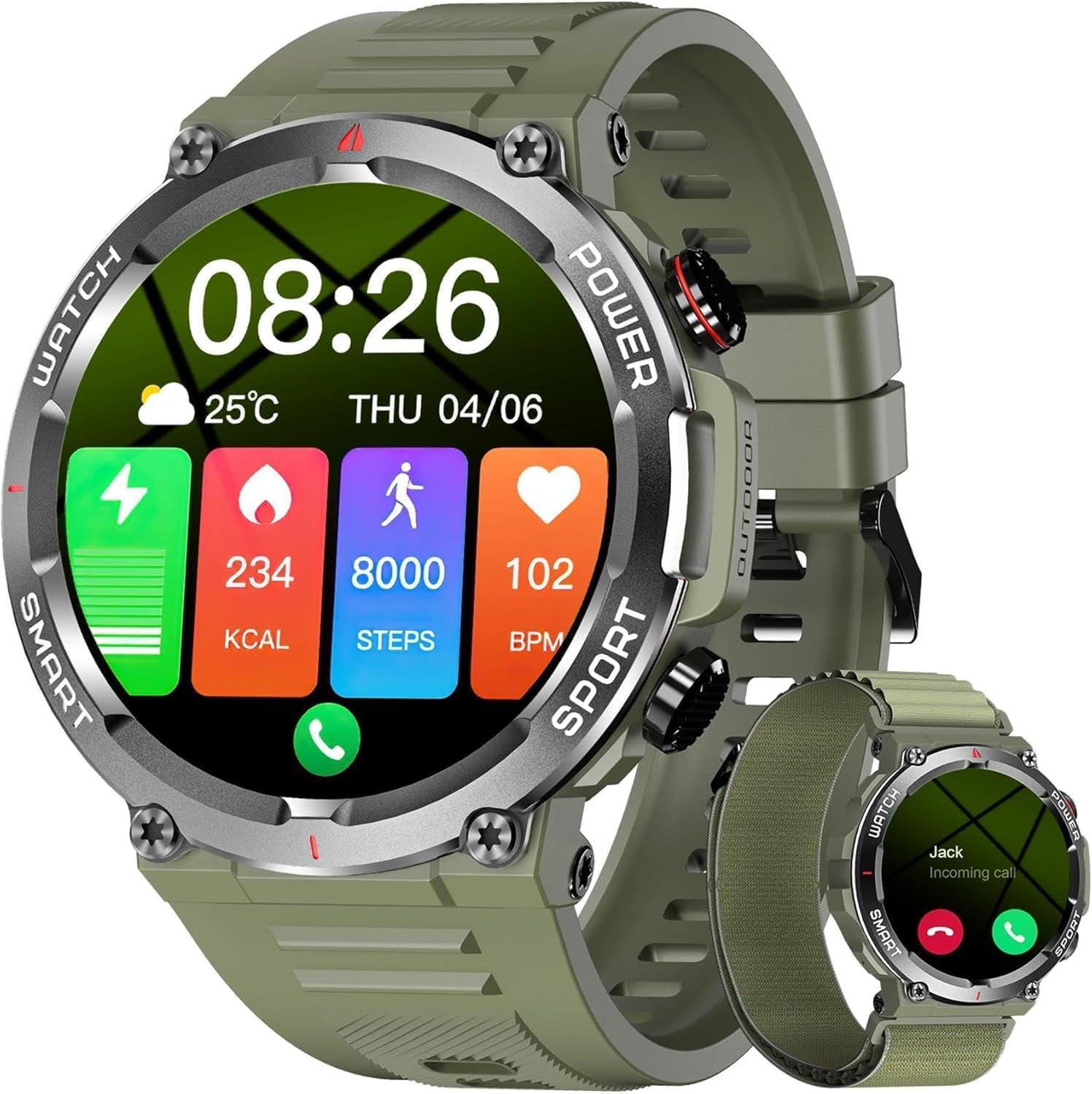 Qecnato Smartwatch Uomo Militare con Sonno, Sportive Fitness watch, Orologio Smart watch con Chiamate Bluetooth Verde