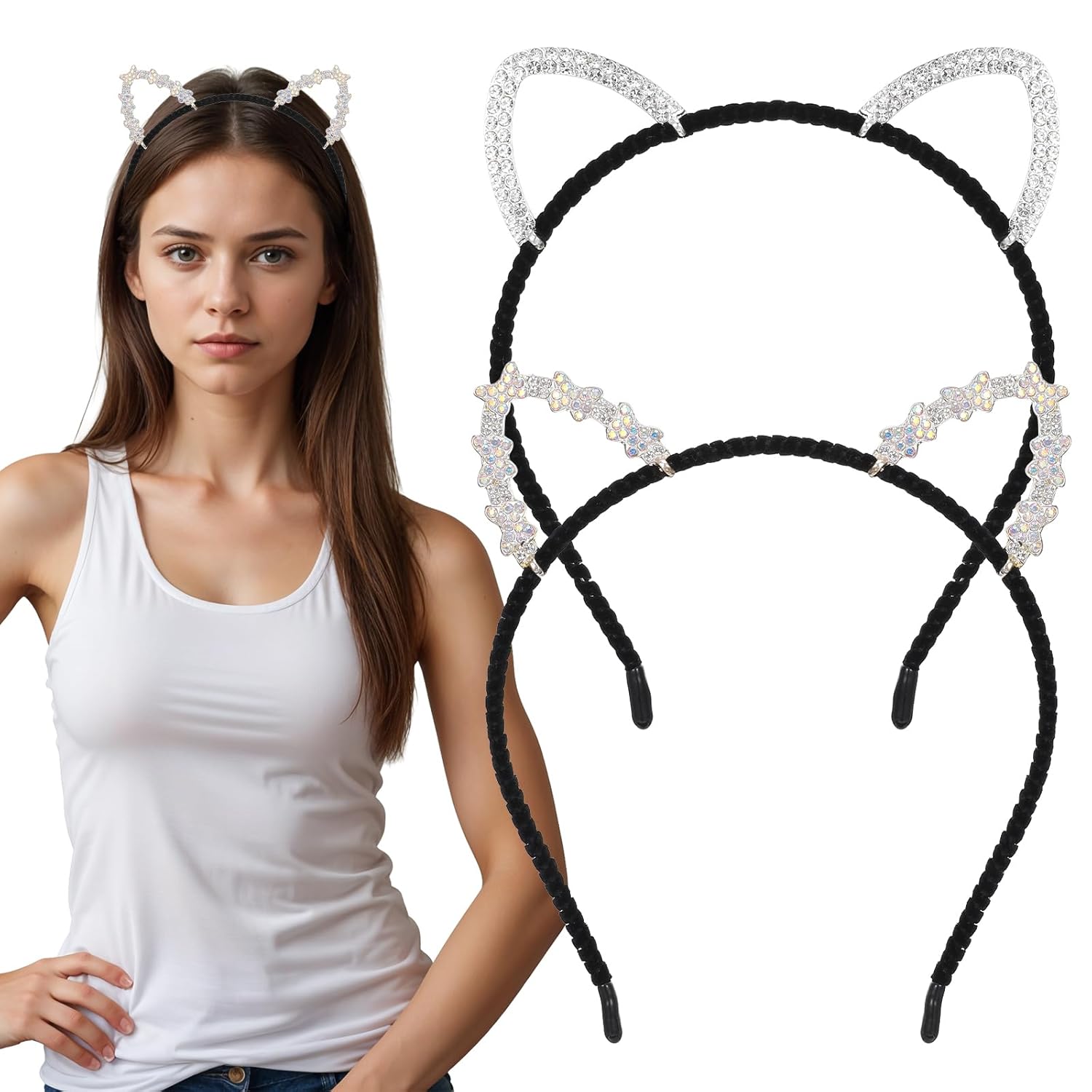 2 Pcs Christmas Rhinestone Cat Ears Headband for Women Sparkly Rhinestone Crystal Cat Ears Head Bands Masquerade Accessories