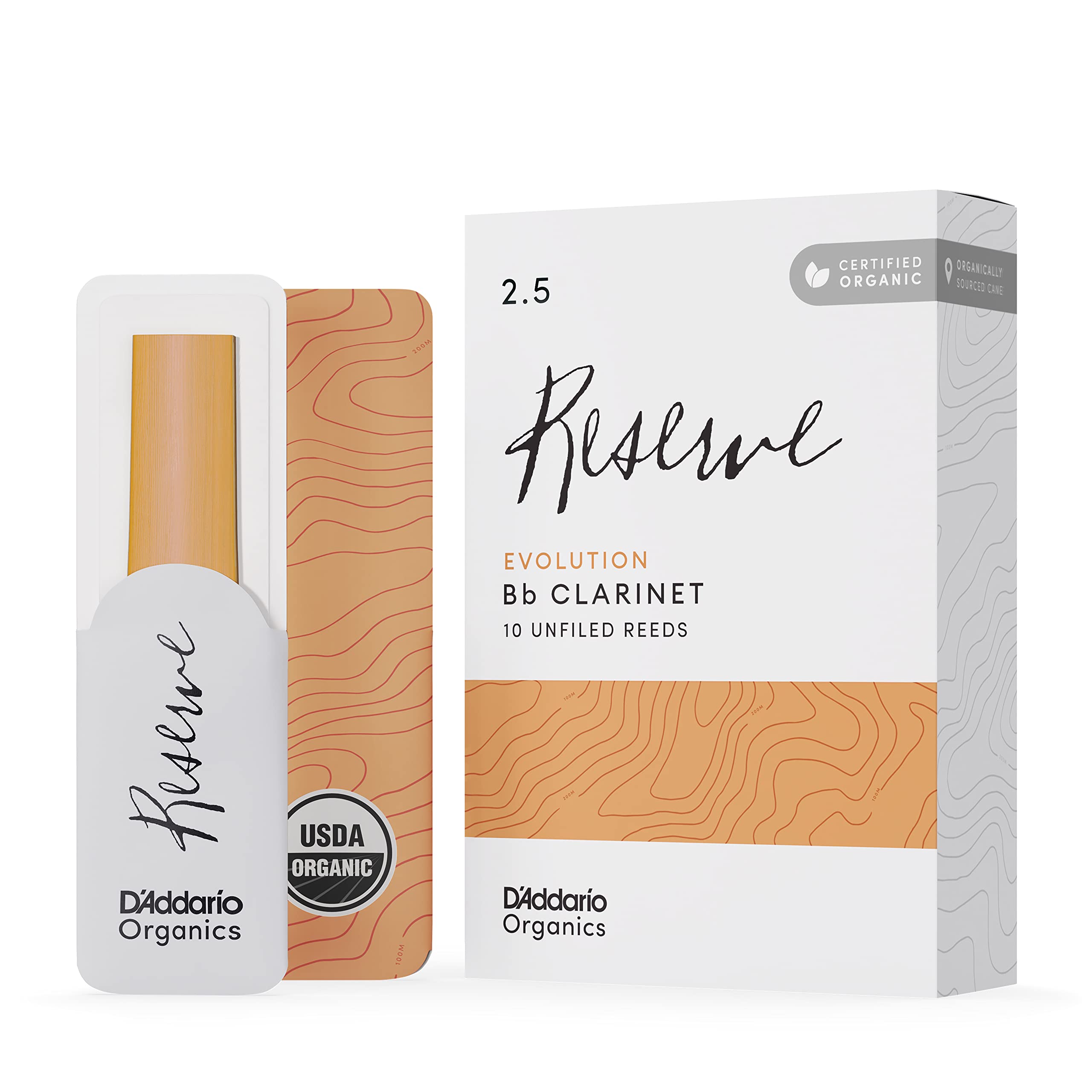 D'Addario Organisch Reserve Evolution Bb Klarinettenblätter - Rohrblätter für Klarinette - Das erste und einzige Bio-Schilfrohr - 2.5 Stärke, 10 Packung