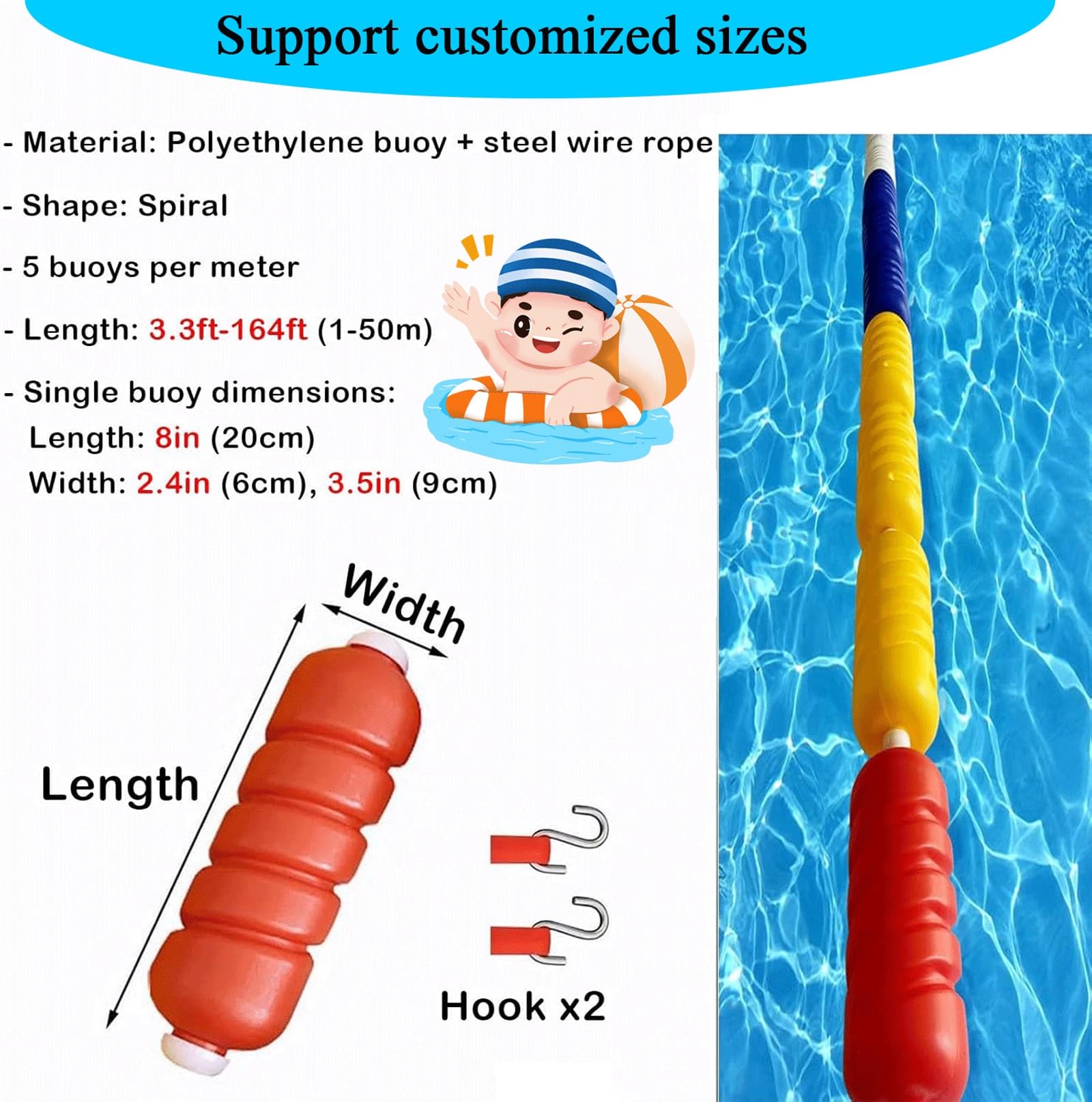 Kit Completo di Corda Galleggiante per Piscina, Linea divisoria di Sicurezza da 4,88 m con 2 Ganci e galleggianti, Corda in Polipropilene Regolabile per Piscina, Palestra Domestica