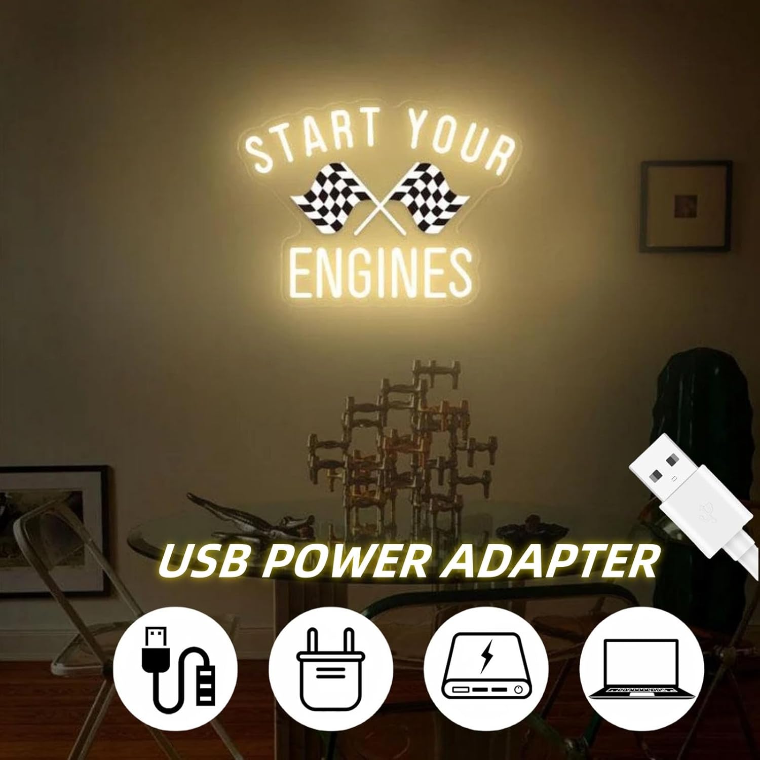 Start your engines Neon Sign, Checkered flag wall decor, Raceday sign, Fast Cars wall art, Beer wall art, Race Car Party, 16.5"x12.4", Color customization