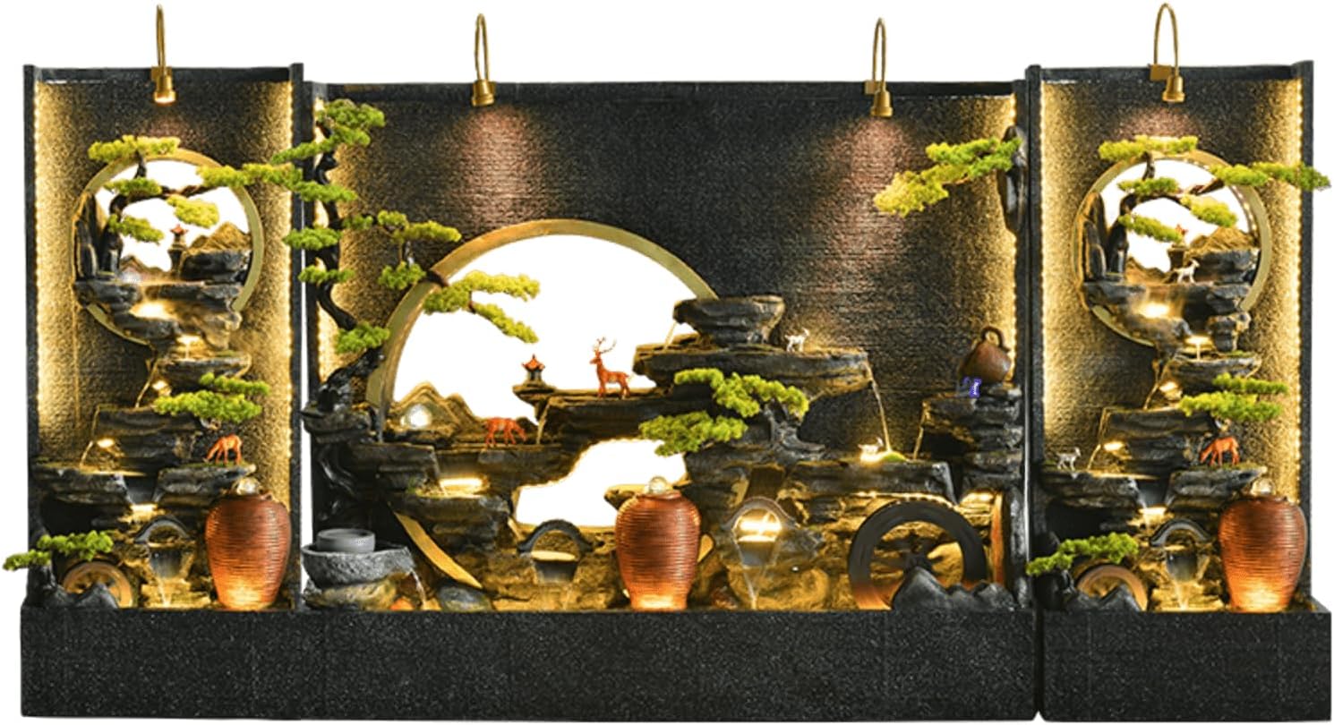 Elegant LED Waterfall Fountain Set – Indoor/Outdoor Decorative Water Features (73 inches Tall) with Bonsai Trees and Various Configurations(Fountians-682196318369-A+B+A)
