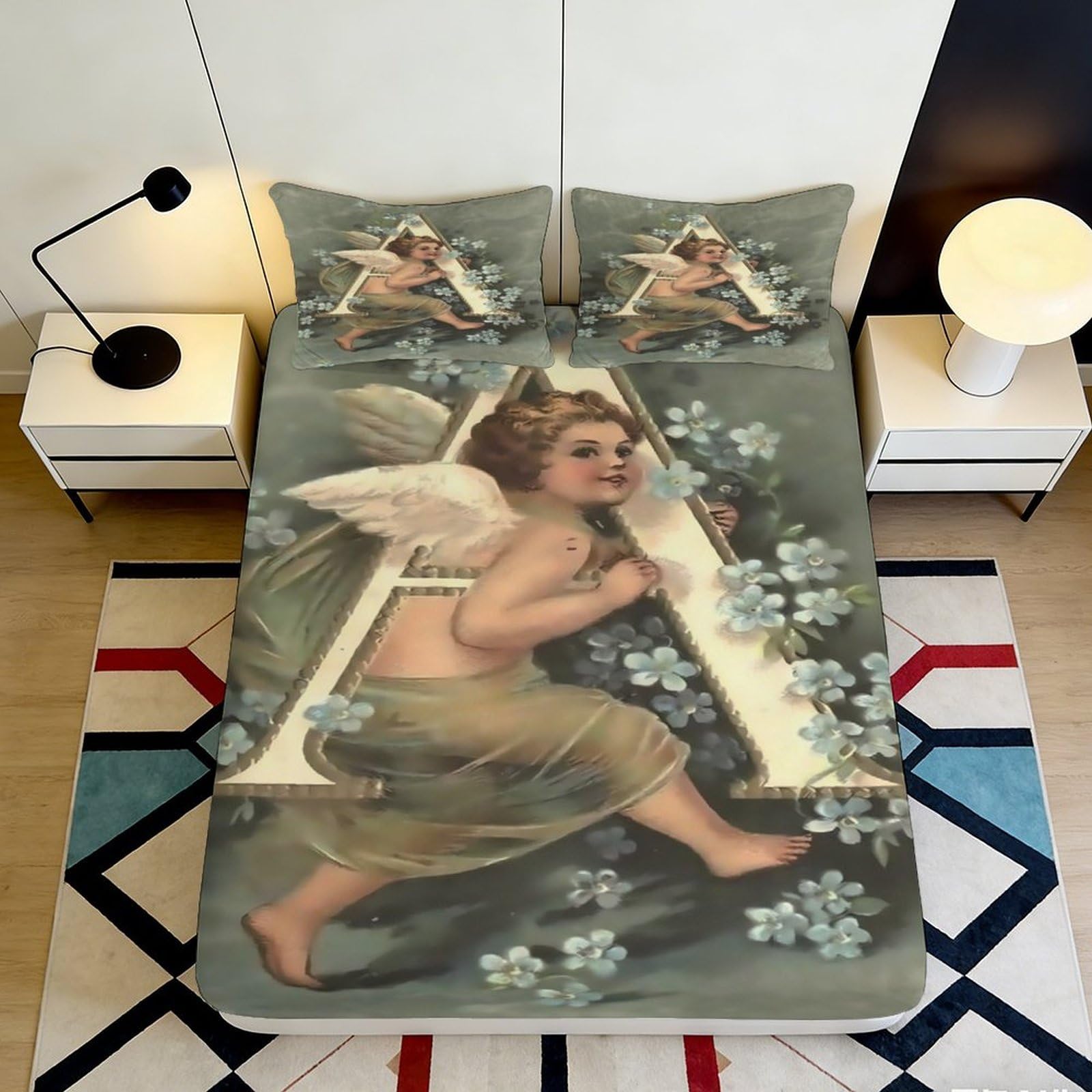 Decorative angel motif Fitted Sheet for bedroom, 3D Printed, soft touch Microfiber, wrinkle resistant, guest room bedding, easy care 90x200x25cm