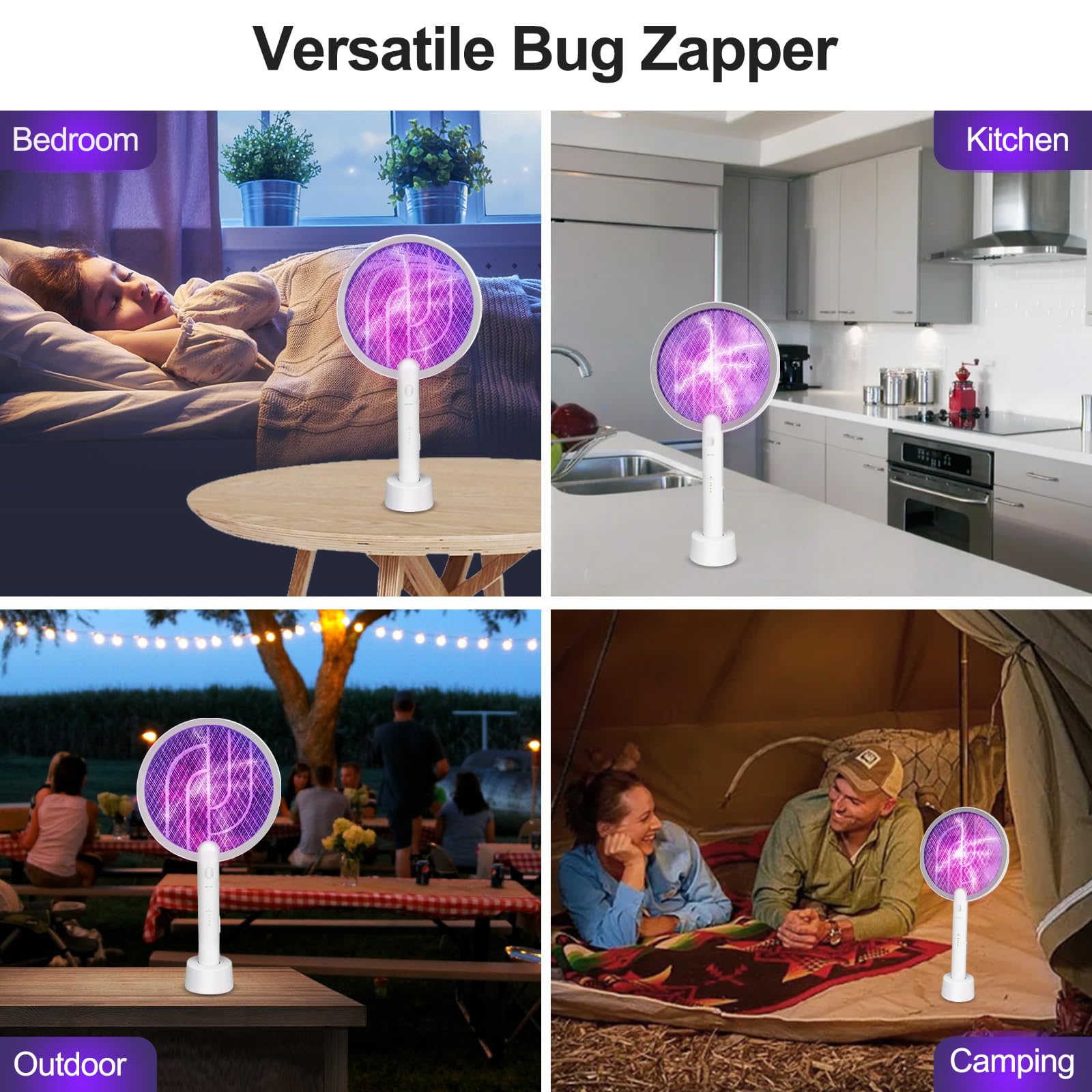 Racchetta scacciamosche elettrica 2 in 1, racchetta insetticida e lampada antizanzare, ricaricabile tramite USB, con batteria da 1200 mAh, per interni ed esterni, casa, cortile, patio, campeggio