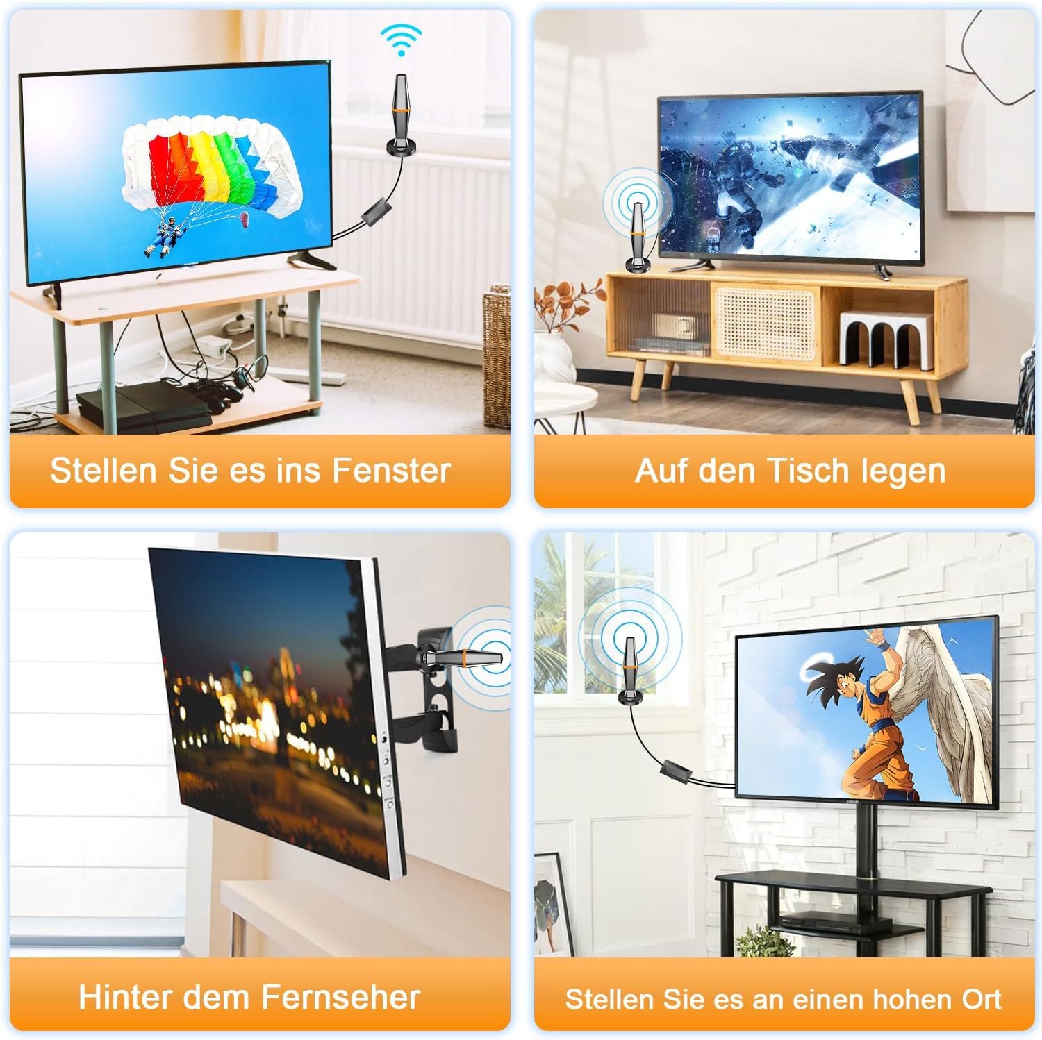 Antenne DVBT2 - Antenne d'intérieur DVB-T et DVB-T2 avec amplificateur, grande portée et réception à 360° - Antenne d'intérieur pour téléviseur avec base magnétique puissante - Convient pour 4K 1080p