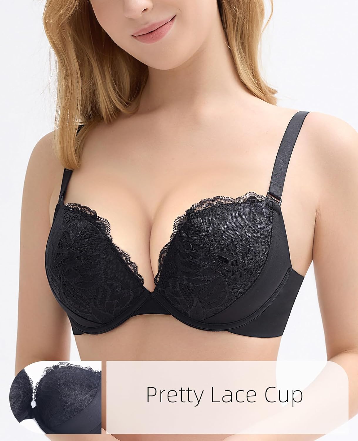 Push Up Thick Padded Bra Plunge Lace Underwire Support Bras for Women Add One Cup - Image 3