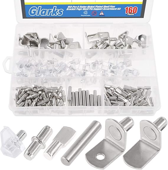 Glarks 160Pcs 6 Styles Shelf Pins Kit, Nickel Shelf Support Pegs, PVC Shelf Pins