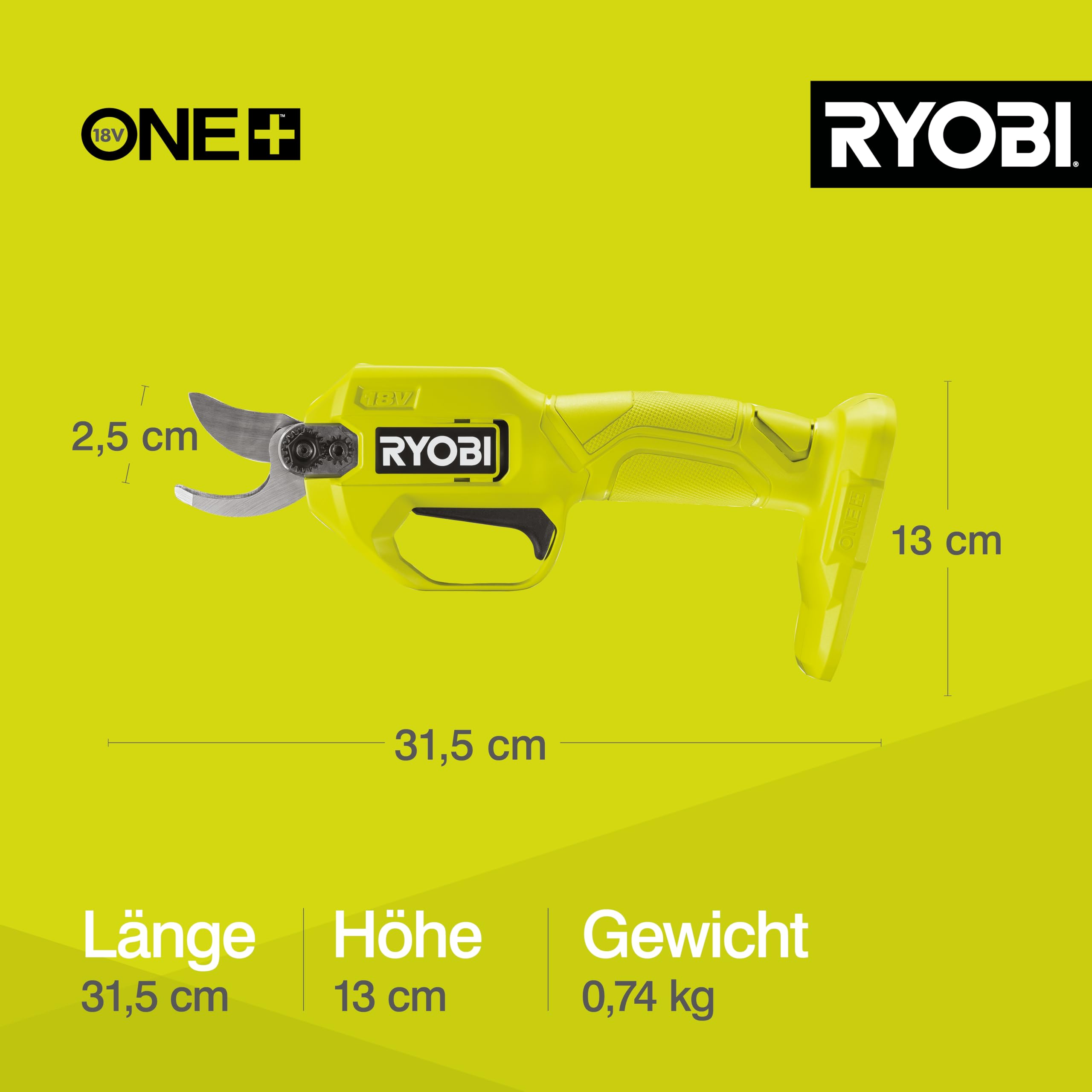 RYOBI 18 V ONE+ Akku-Gartenschere RY18SCA-0 (25 mm Schnittkapazität, 2,5 Sekunden für einen Schnittvorgang, SK5-Stahlklingen, ohne Akku und Ladegerät)