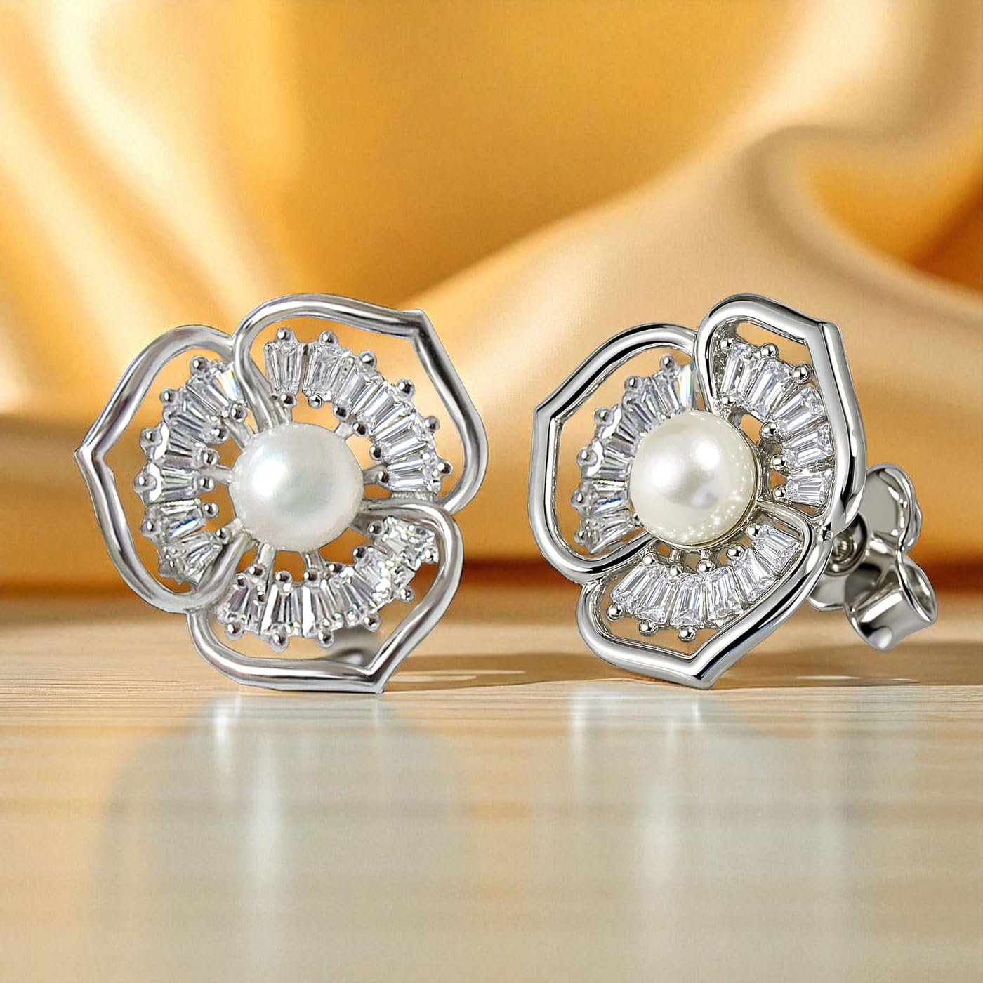 Schöner-SD Ohrstecker Blume groß 925 Silber mit Perle und Zirkonia
