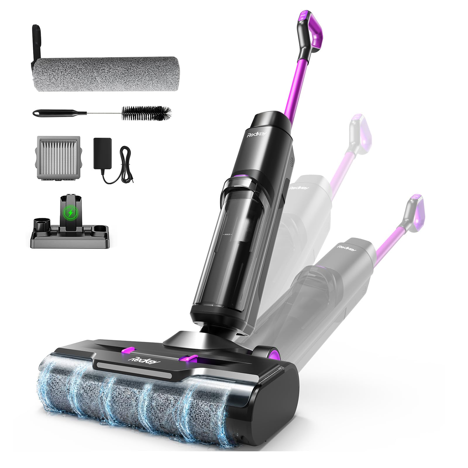 Redkey W15 Wet/Dry Vacuum Cleaner Battery, Self-Cleaning Mop Vacuum Cleaner, Edge Cleaning 6 mm, Dual Water Tank Support, 3 Cleaning Modes, LED Voice Reminder, Suitable for Hard Floors, Self-Cleaning
