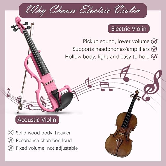 Electric Violin 4/4 Kit, Electric Violin 4/4 Full Size for Adults, Students, Beginner Violins with Case, Bow, Rosin, Headphones and Audio Cable, Pink