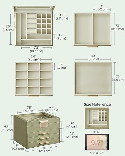 Miniatura 6 de SONGMICS Joyero organizador con tapa de cristal, almacenamiento de joyas de 4 capas, con 3 cajones, estilo moderno, 8 x 9.1 x 6.5 pulgadas, color