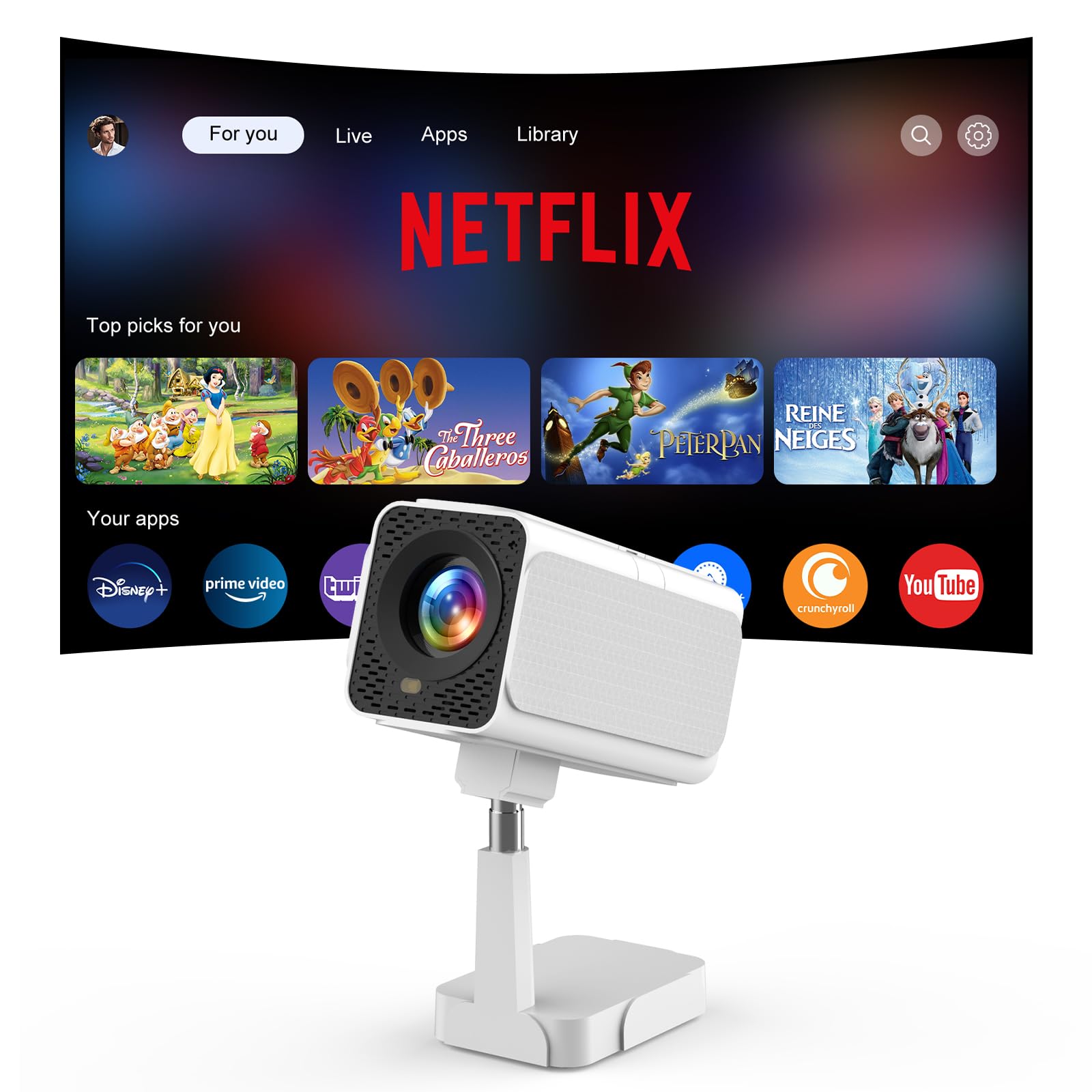 【Netflix-Officially-Licensed】 Smart Projector with WiFi and Bluetooth, 1080P Outdoor Projector with Adjustable Stand, Built-in Streaming Apps, Compatible with Games & Smartphone, Indoor & Outdoor Use
