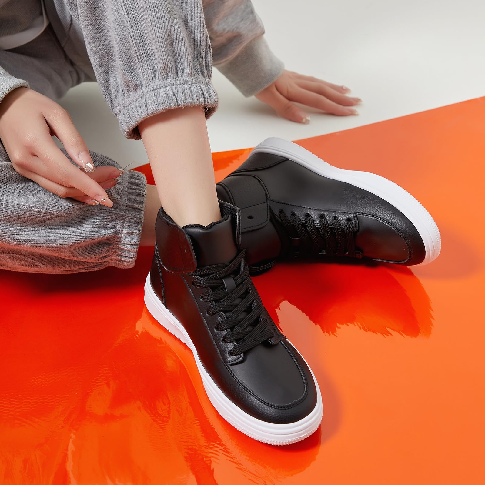 XRH Womens High Top Sneakers PU Leather Running Shoes Non Slip Walking Athletic Tennis Shoes for Women Ankle Boots