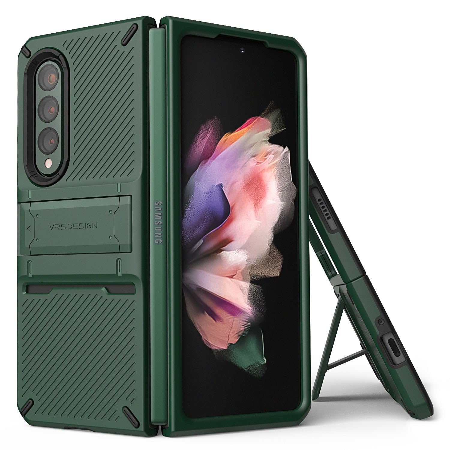 VRS Design Quick Stand Pro designed for Samsung Galaxy Z Fold 3 5G case cover (2021) with Kickstand - Dark Green